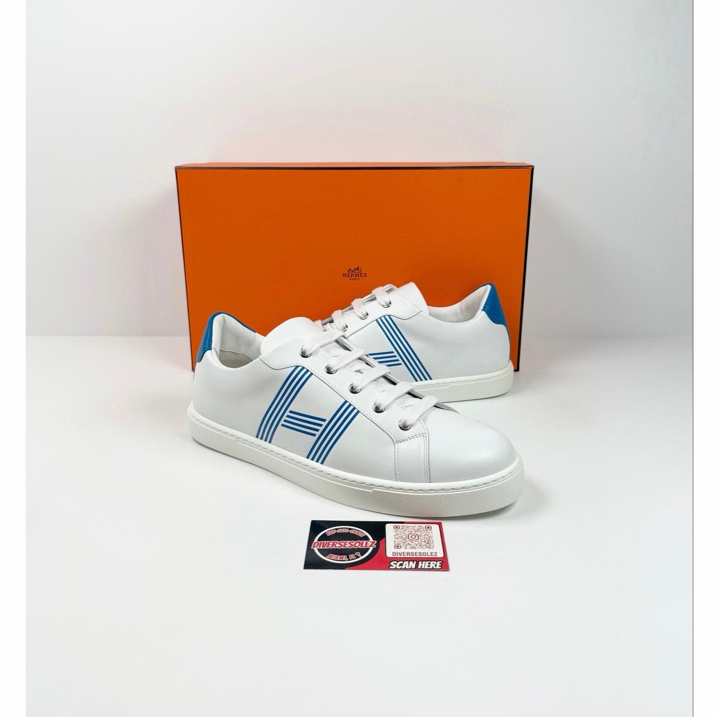 Hermes Size 8.5 - Hermes Advantage White Blue Leather Sneakers NEW Size US 8.5 / EU 41-42 - 1 Thumbnail