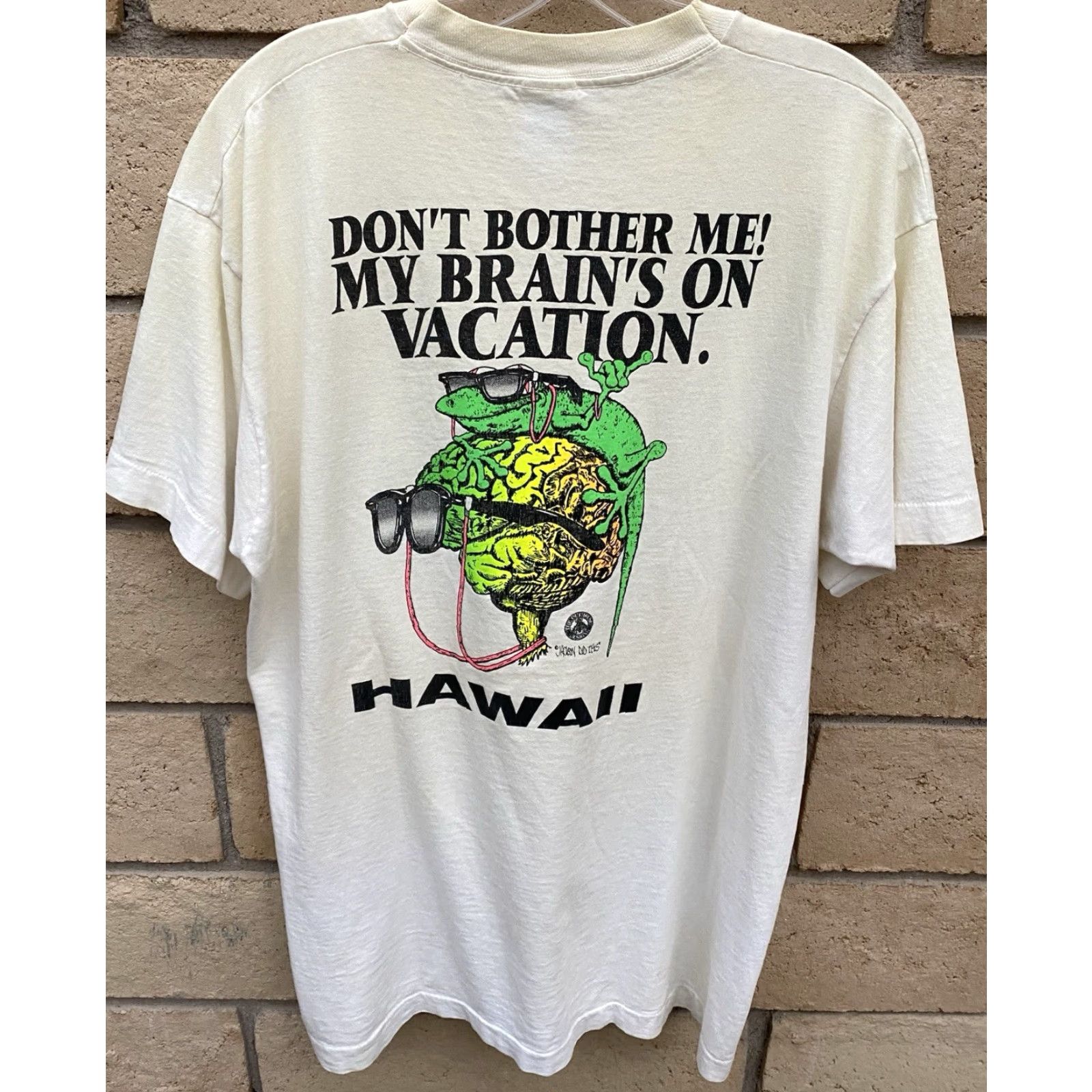 Fruit Of The Loom VINTAGE Brainwaves Hawaii Gecko T Shirt Mens L White Neon 90s Graphic Size US L / EU 52-54 / 3 - 4 Thumbnail