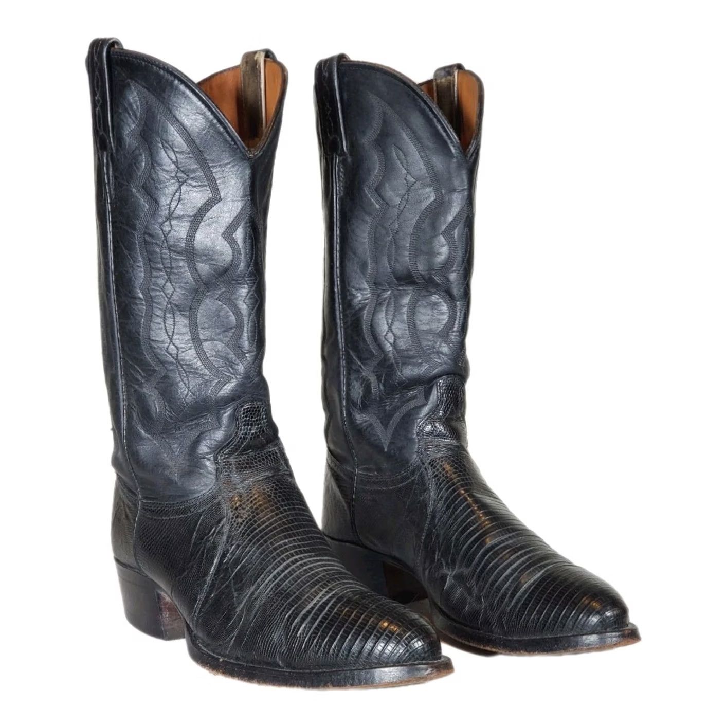 Vintage VTG J. Chisholm Black Teju Lizard Leather Western Cowboy Boots Men's US 10 D Shoe Width D Size US 10 / EU 43 - 2 Thumbnail