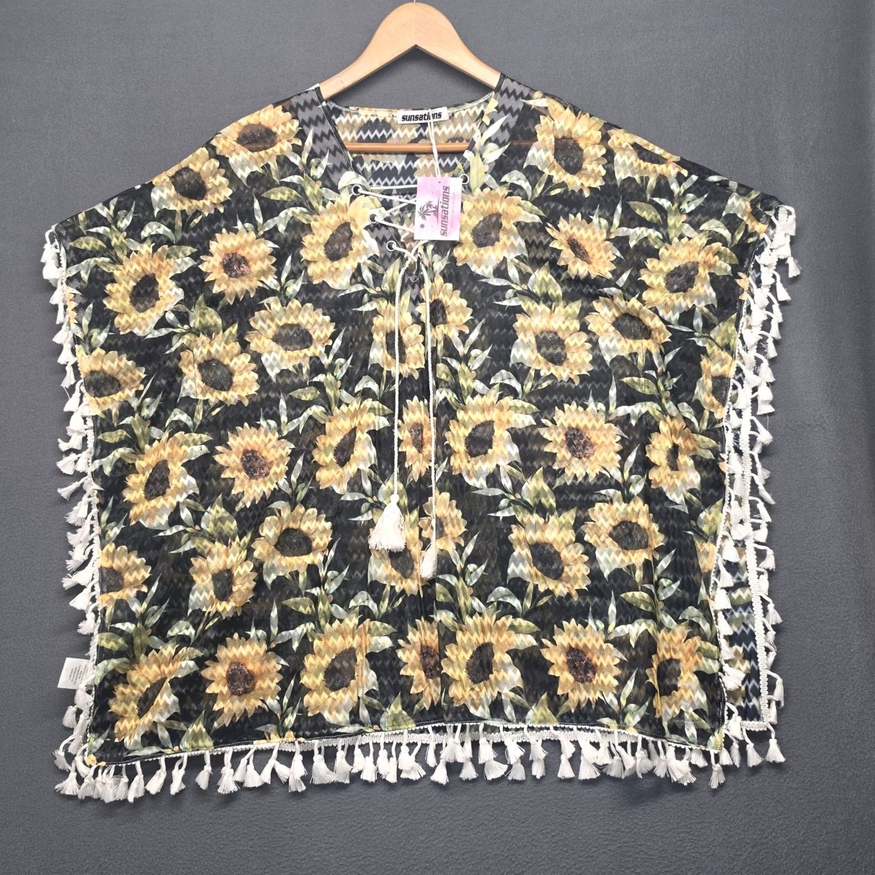 Vintage VINTAGE Sunsations Kimono Poncho Beach Cover Up Womens OS Floral Sunflower NEW Size ONE SIZE - 2 Thumbnail