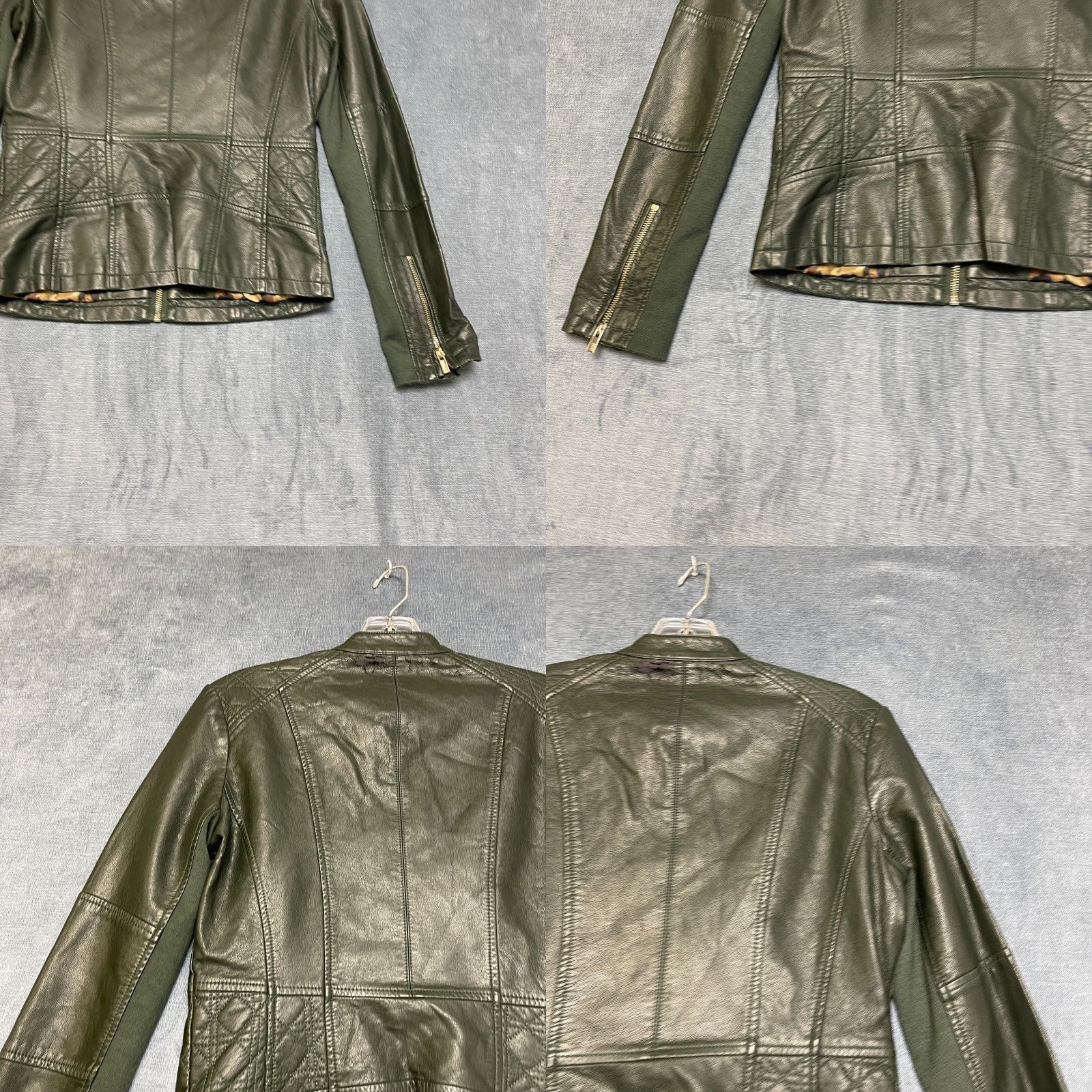 VINTAGE Black Rivet Olive Green Faux Leather Motorcycle Jacket Womens XS Lined Full Zip Green Olive?