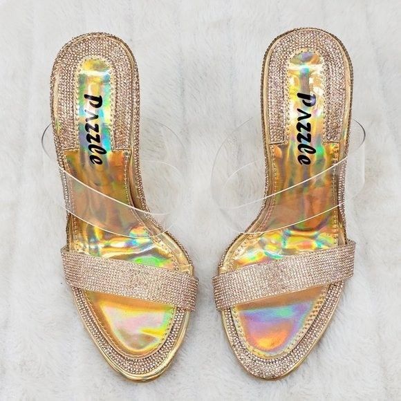 Other Lee Gold Rhinestone Slip On Double Strap High Heel Clog Mule Size US 9 / IT 39 - 5 Thumbnail