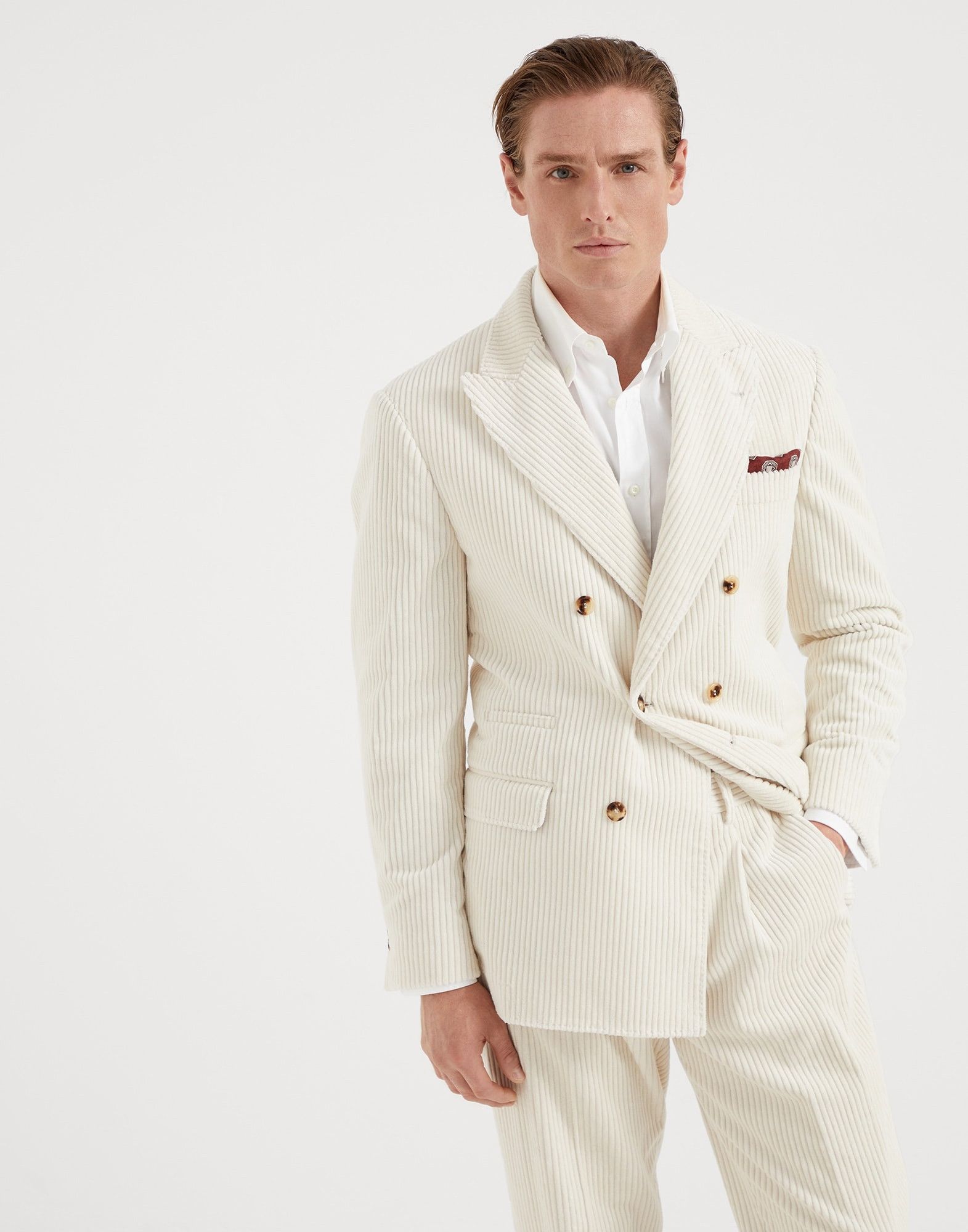 Brunello Cucinelli o1la1rc1a0925 Woven Wool Jacket in Ivory Size US M / EU 48-50 / 2 - 1 Thumbnail