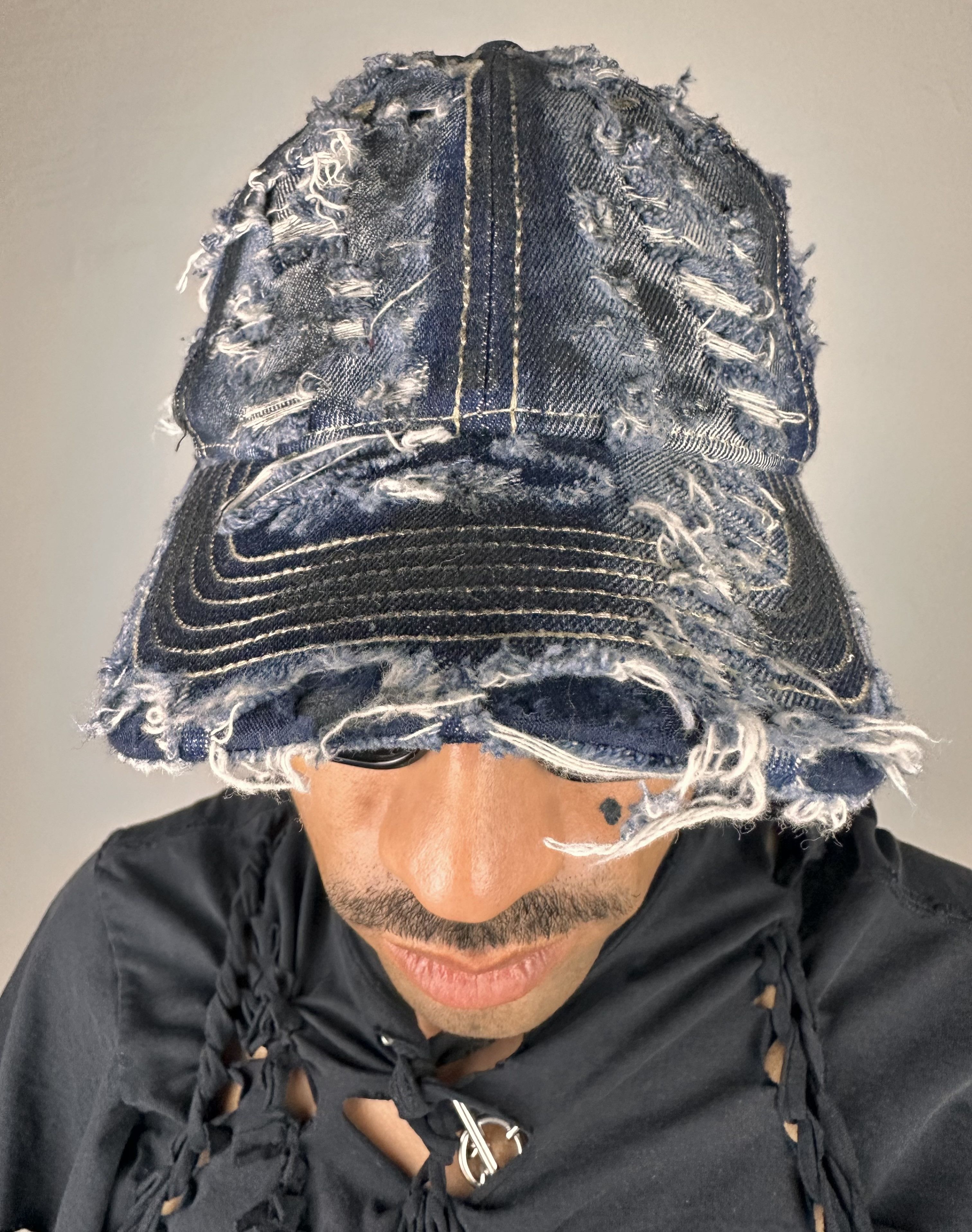 ASTROBOI* Faded & Distressed Mid Blue & Black Denim Hat