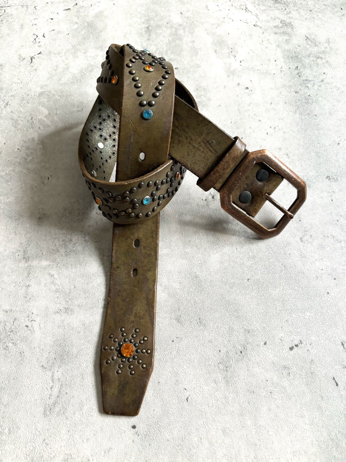 Japanese Brand Leather Design Blue&Orange Studded Belt Size 32 - 1 Thumbnail