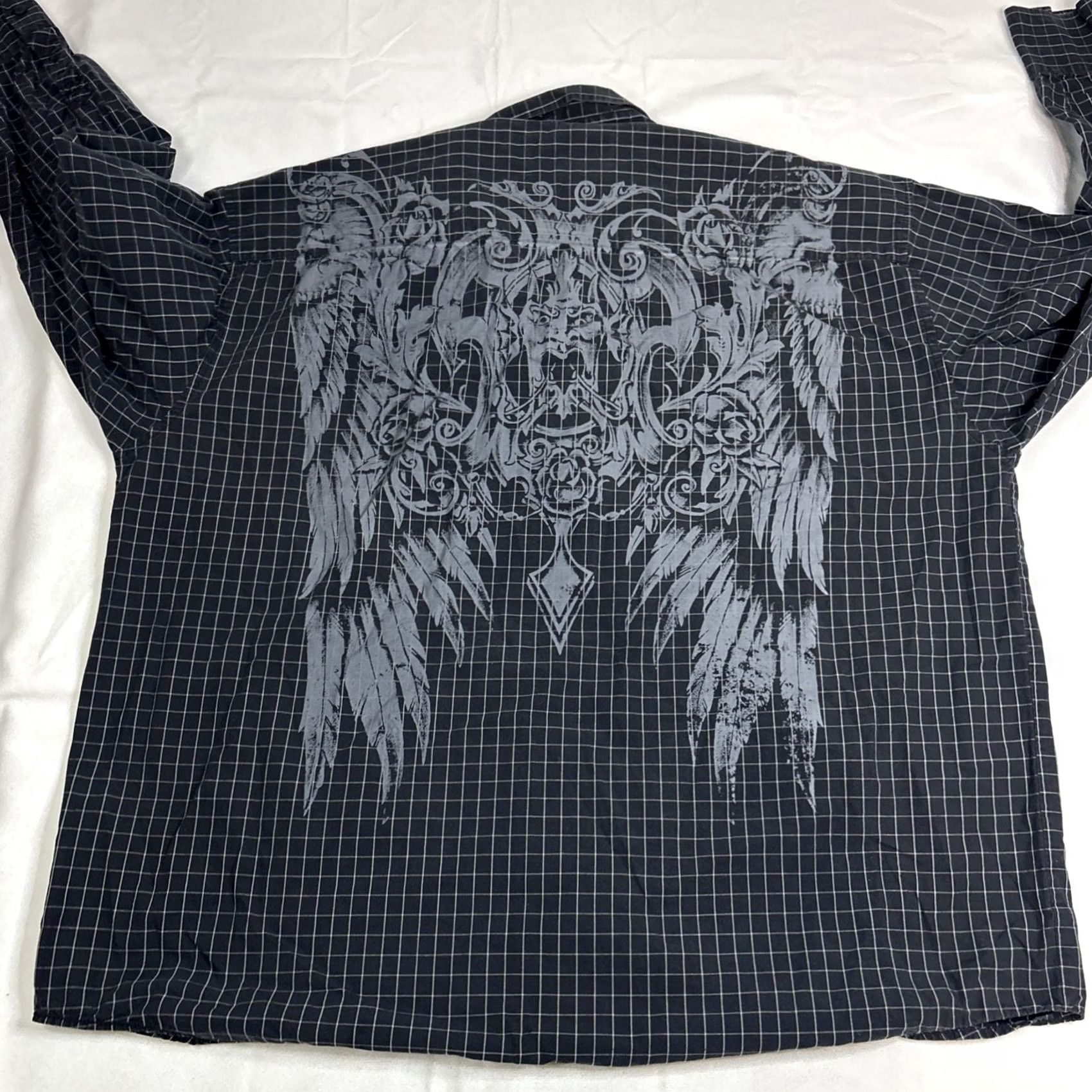 Vintage Retrofit Shirt Mens 2XL Black Plaid Cross Button Front Longsleeve Back Wings Shirt 2XL Mens Black Plaid Cross Button-Up Long Sleeve Front Back Wings Size US XXL / EU 58 / 5 - 5 Thumbnail