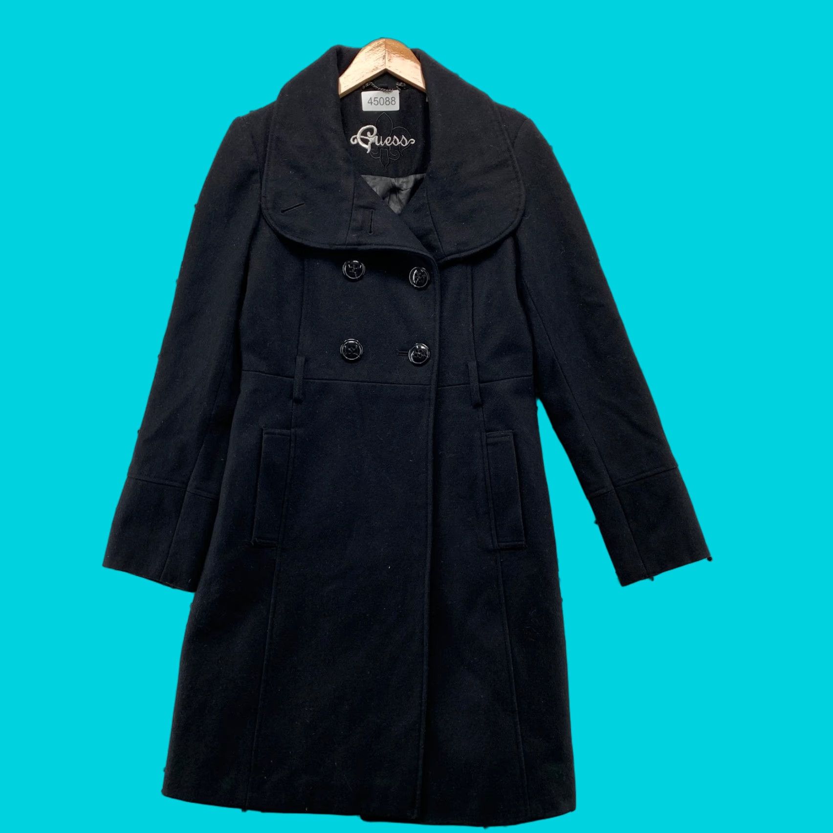 Guess VINTAGE Guess Wool Coat Womens Small Black Blend Double Breasted Size S / US 4 / IT 40 - 1 Thumbnail