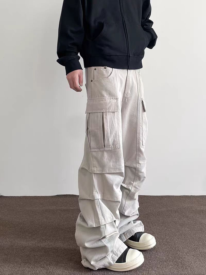 High street multi-pocket pleated micro-flare cargo trousers