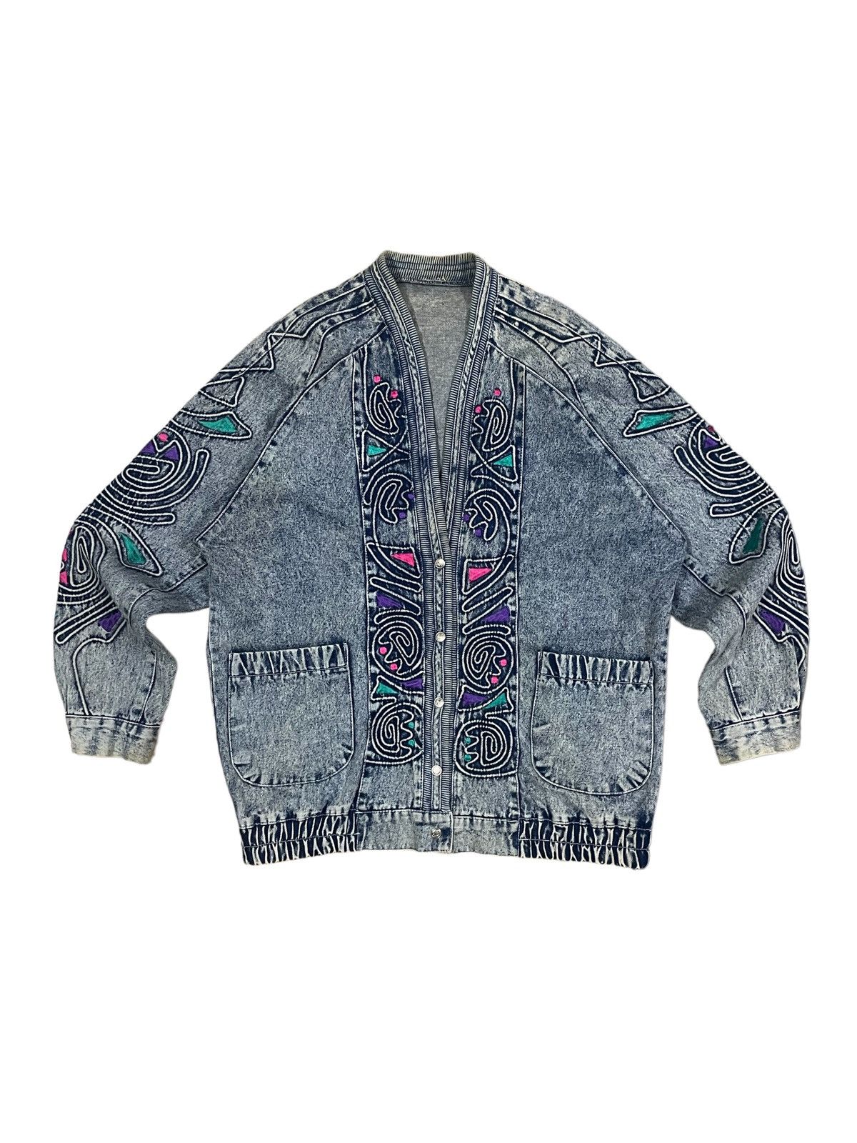 Japanese Brand Vintage Memphis Art Retro Neon Abstract Style Denim Cardigan Size L / US 10 / IT 46 - 4 Thumbnail