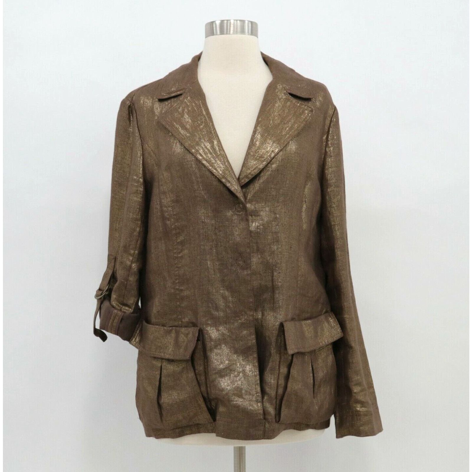 image of Vintage Lafayette 148 Linen Blazer Jacket Womens 10 Brown Gold Metallic Roll-Tap Sleeve in White (S