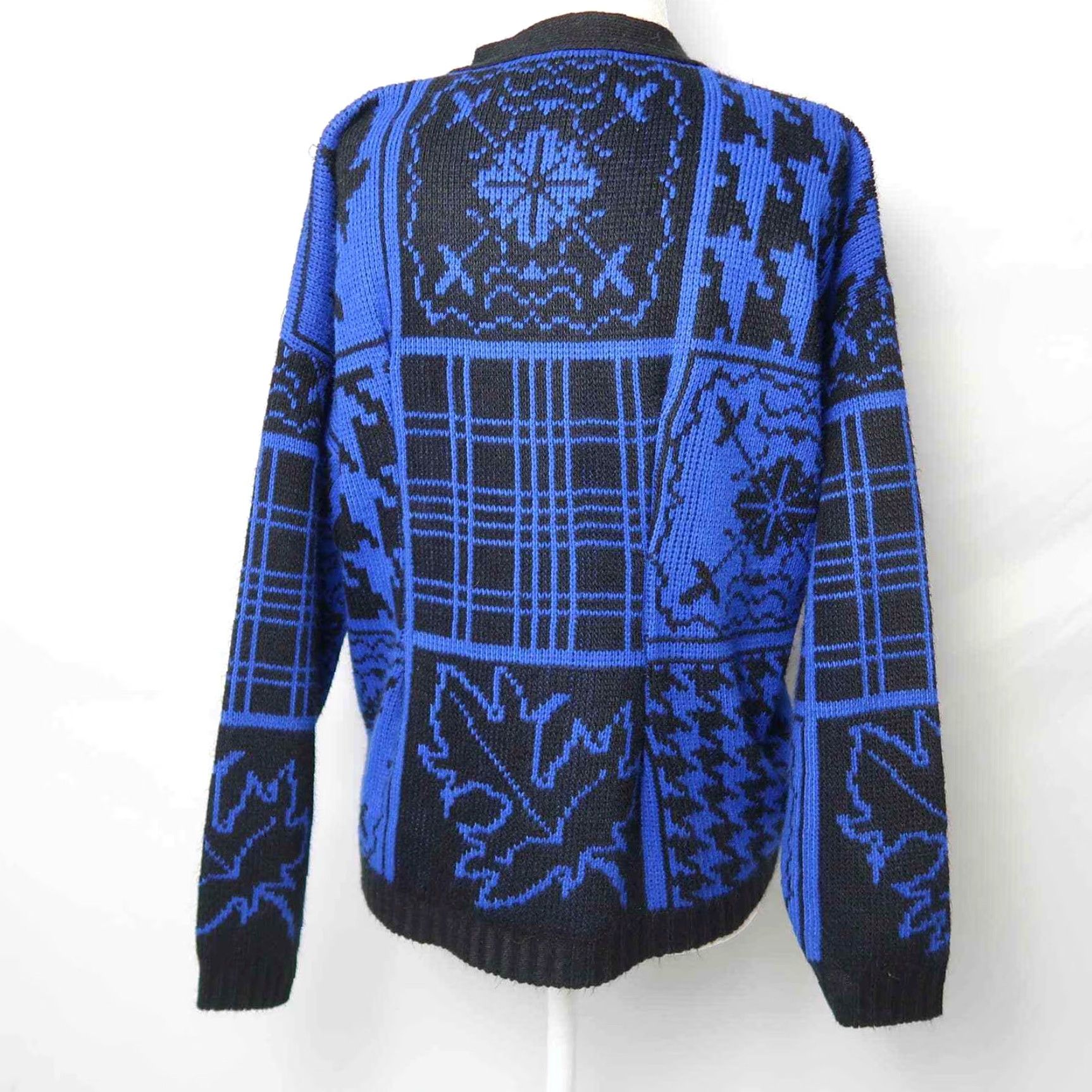 Vintage VINTAGE 90s Knit Cardigan Sweater M Blue Black Plaid Houndstooth Mixed Print Acrylic Button Front V-neck Casual Mens? Womens? Size M / US 6-8 / IT 42-44 - 5 Thumbnail