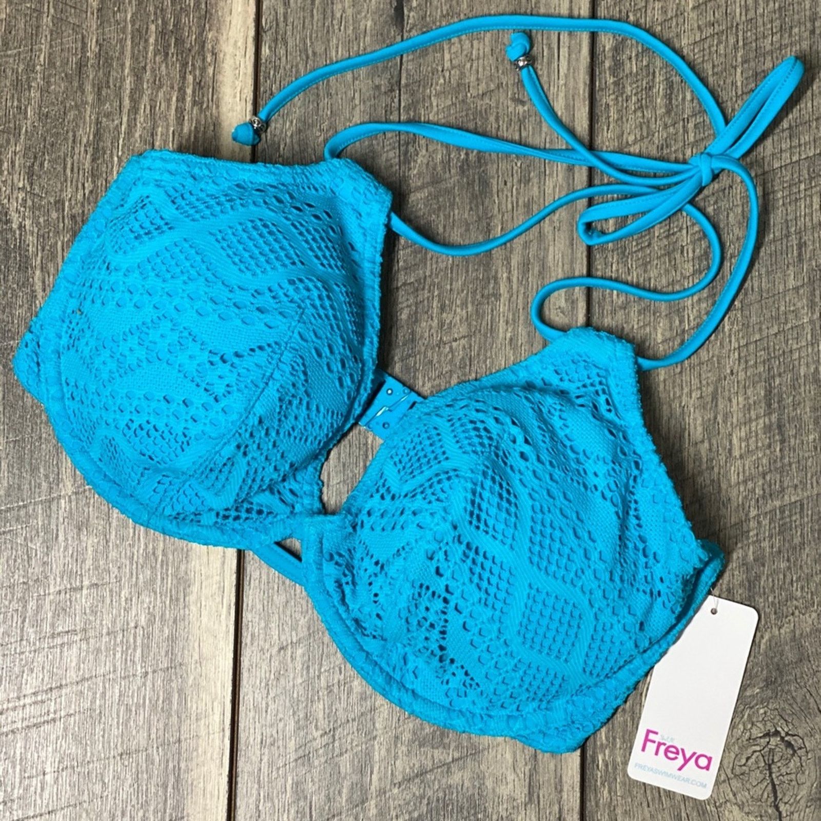 Freya Lingerie Aqua Blue Lace Halter Bikini Top 32G Size L / US 10 / IT 46 - 2 Thumbnail