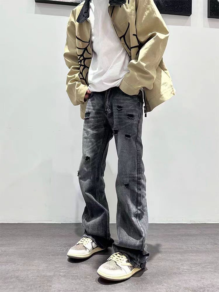 Vintage Street Hip Hop Washed Faded Black Ripped Jeans