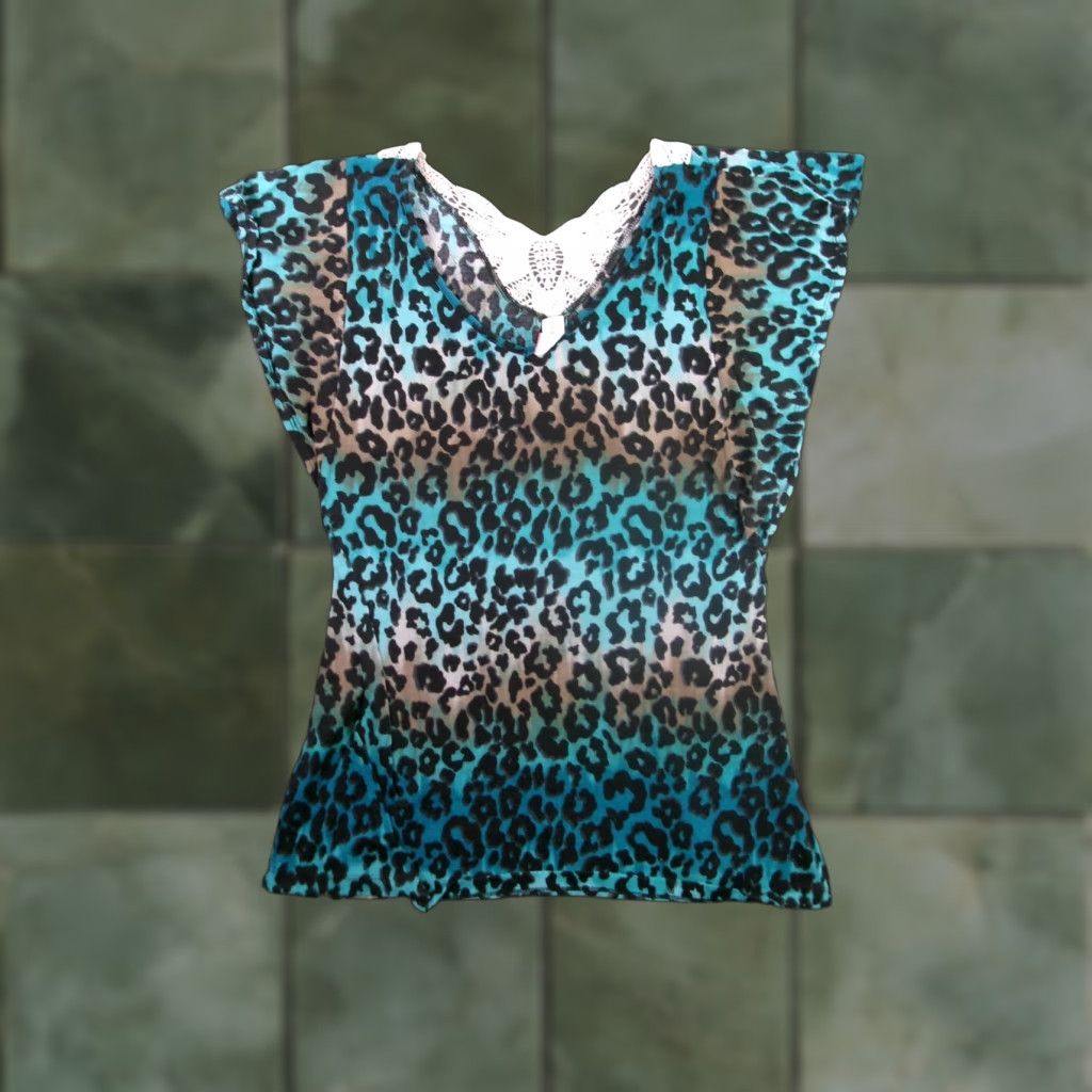 Vintage No Boundaries Blouse Womens Large Teal Leopard Crochet Trim V-Neck Short Sleeve Lightweight Casual Party Top Shirt Size L / US 10 / IT 46 - 1 Thumbnail