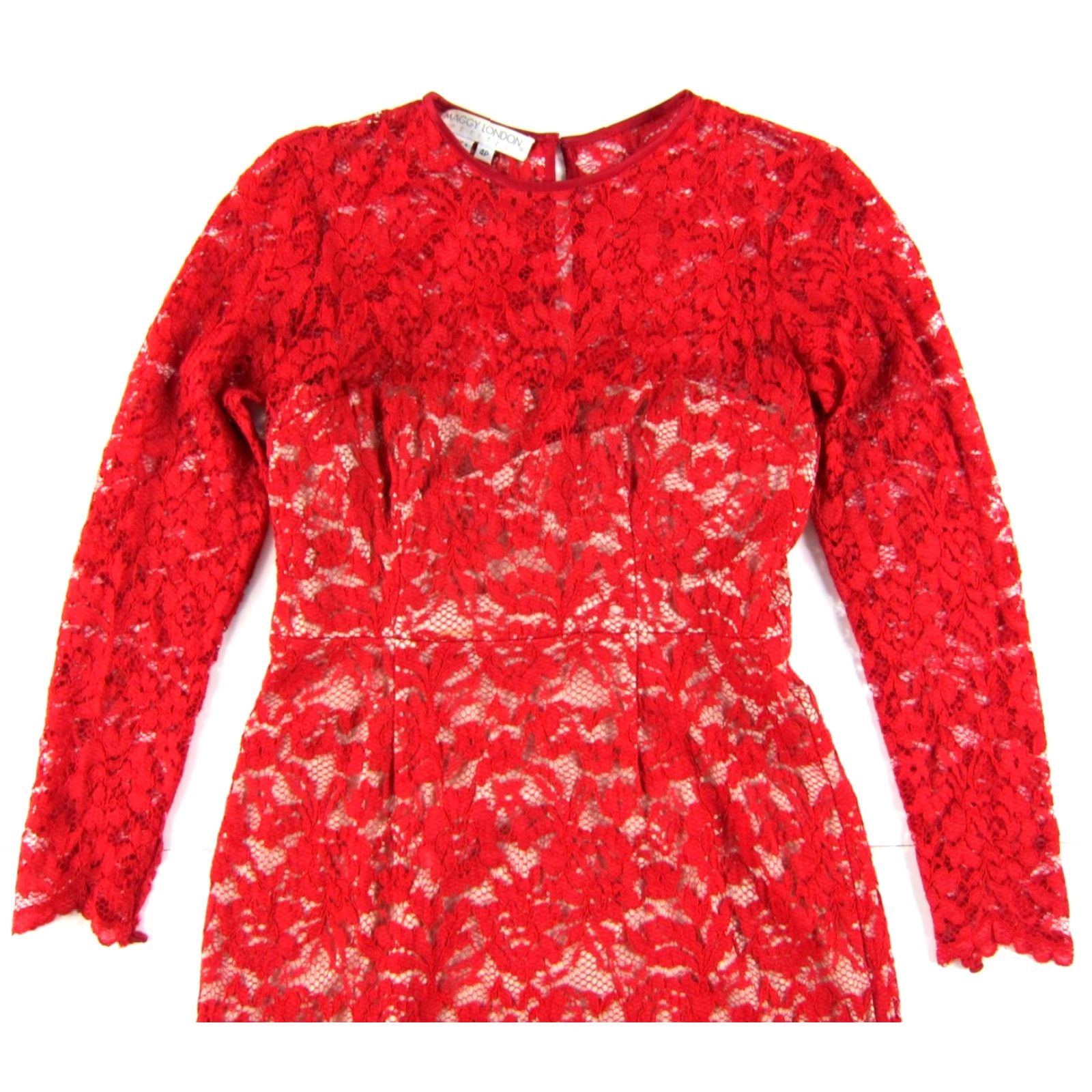 MAGGY LONDON VINTAGE Maggy London Red Lace Floral Long Sleeve Sheath Dress Women Petite 4P Size S / US 4 / IT 40 - 4 Thumbnail