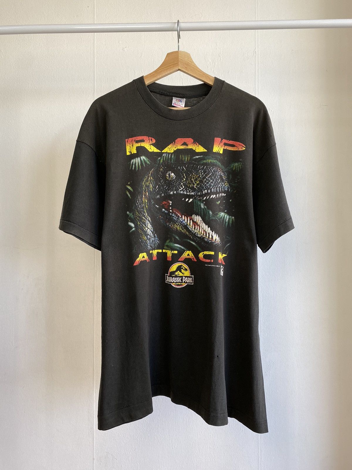 image of Fruit Of The Loom x Movie Vintage 1993 Jurassic Park Rap Attack Movie Tee in Black, Men's (Size XL)