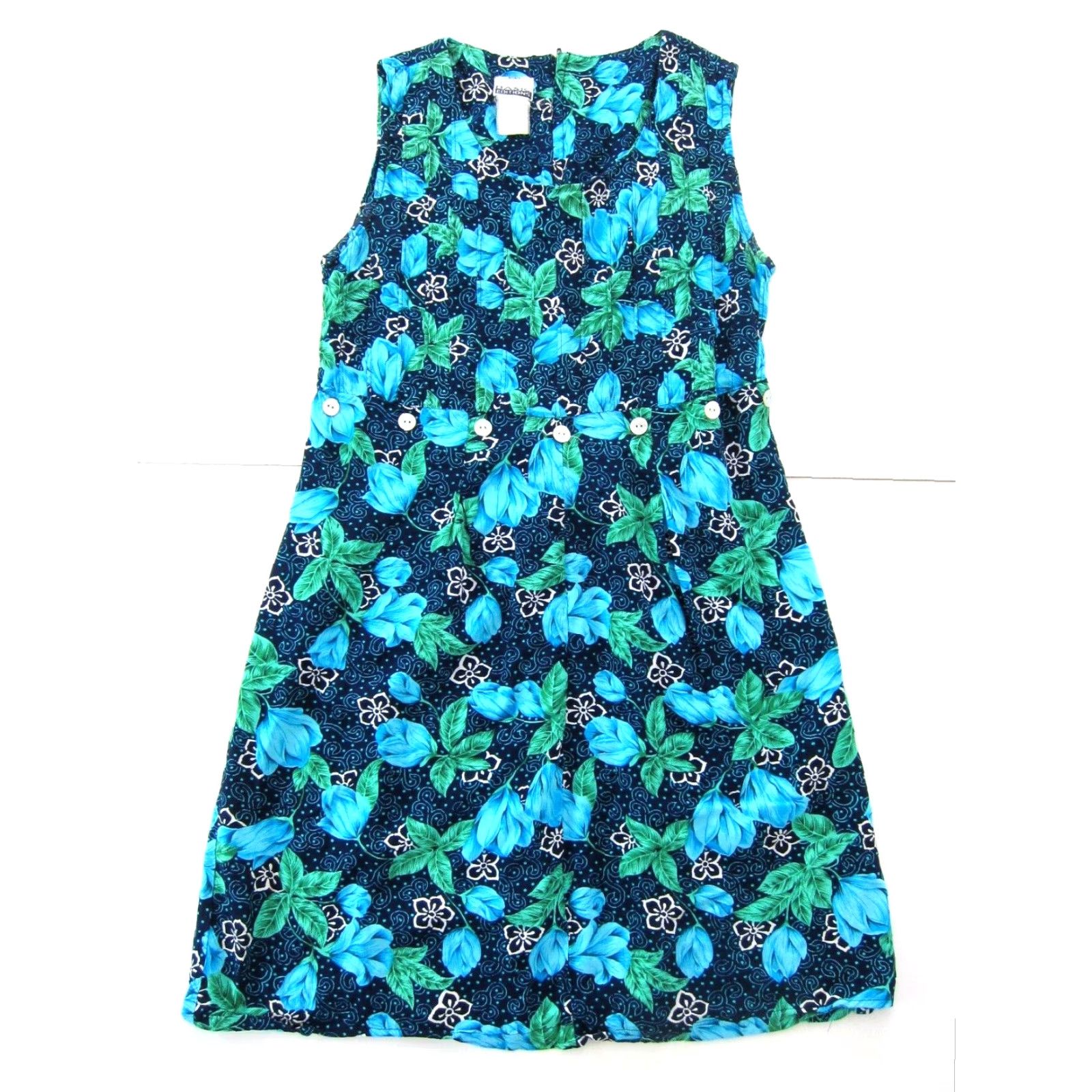 Basic Editions VINTAGE Basic Editions 100% Rayon Blue Green Floral Sheath Tank Sun Dress Medium Size M / US 6-8 / IT 42-44 - 2 Thumbnail