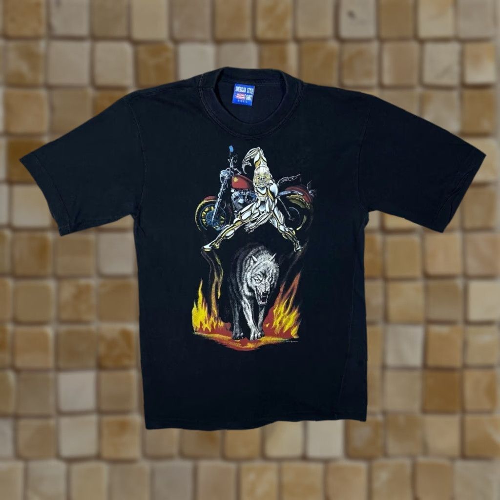 Vintage VINTAGE American Style Gothic Biker Wolf Flames Graphic Black T-Shirt M Mens Shirt Short Sleeve Round Neck Vintage Style Digital Print Graphic Size US M / EU 48-50 / 2 - 1 Thumbnail
