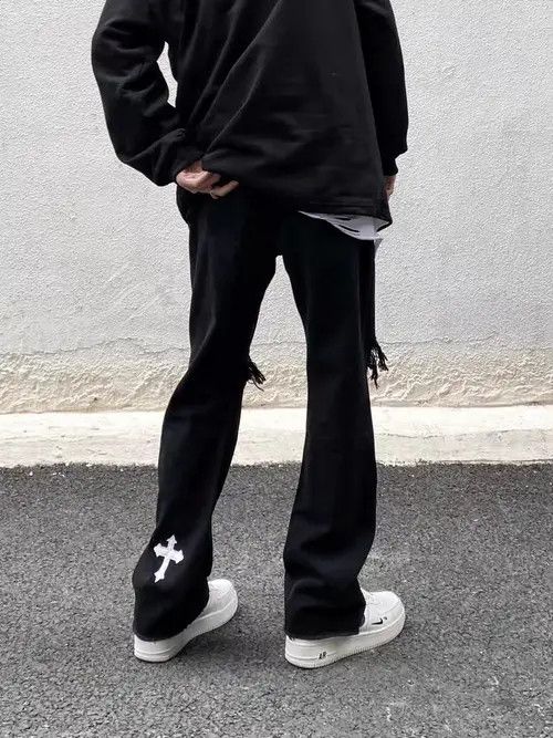 Japanese Brand × Jean Black ripped cross high street micro-flared jeans Size US 32 / EU 48 - 4 Thumbnail