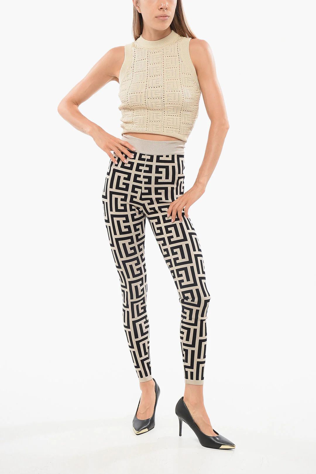 Balmain og1mm0326 High-Waist Knit Leggings in Beige/Black Size 26" / US 2 / IT 38 - 4 Thumbnail