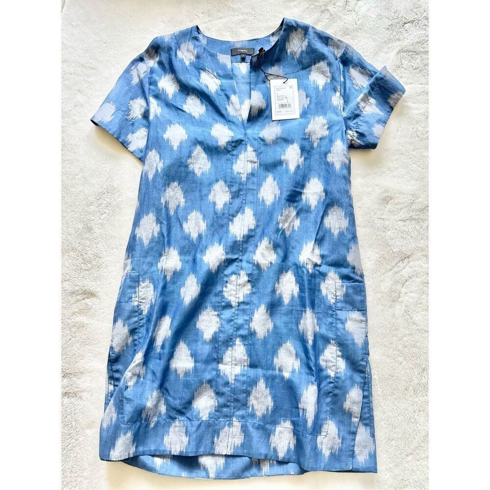 Theory Theory Slit Front Sheer Tunic Dress Blue Gray Ikat Pattern Size XS / US 0-2 / IT 36-38 - 5 Thumbnail