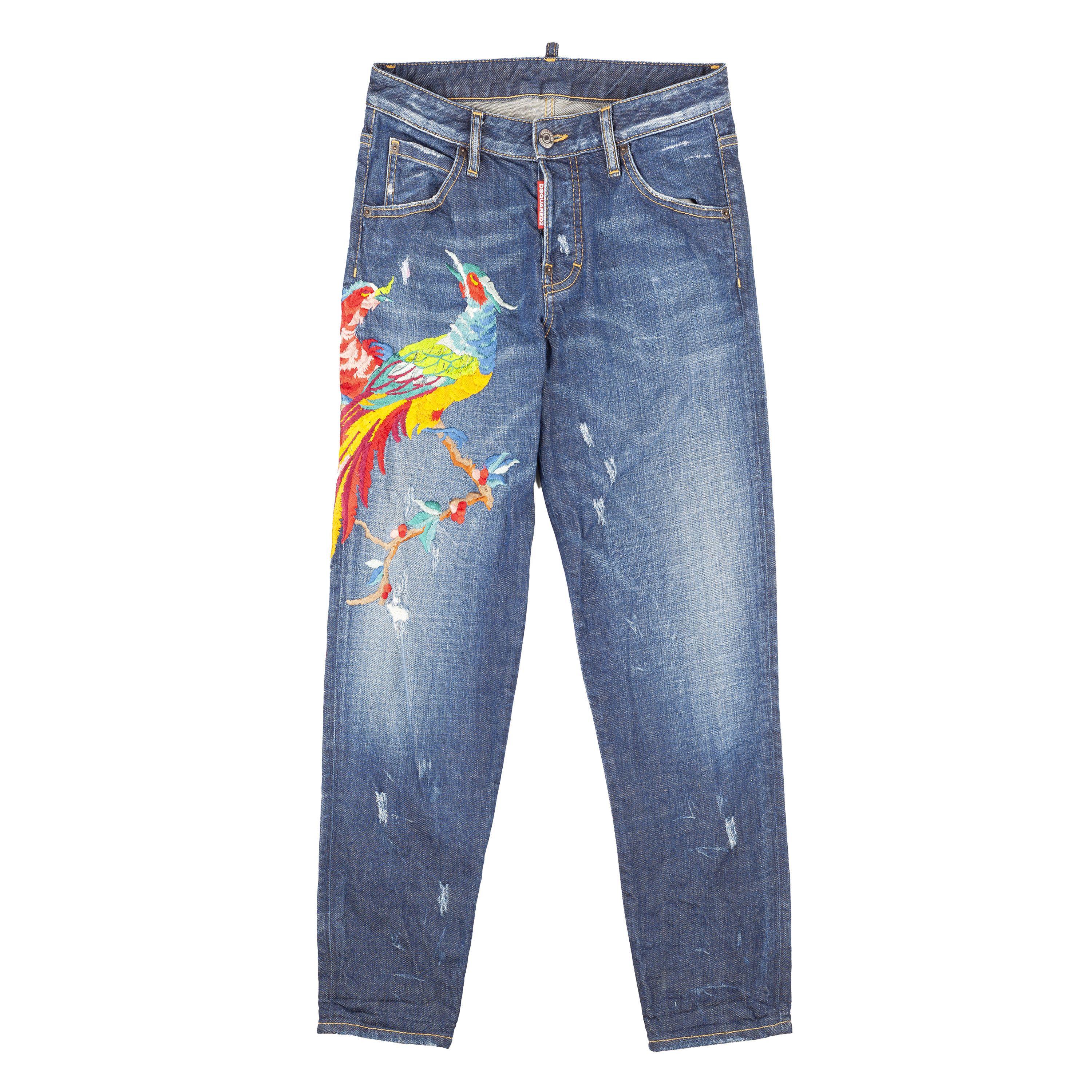 DSQUARED2 Navy Blue Birds Embroidered Denim Hockney Jeans