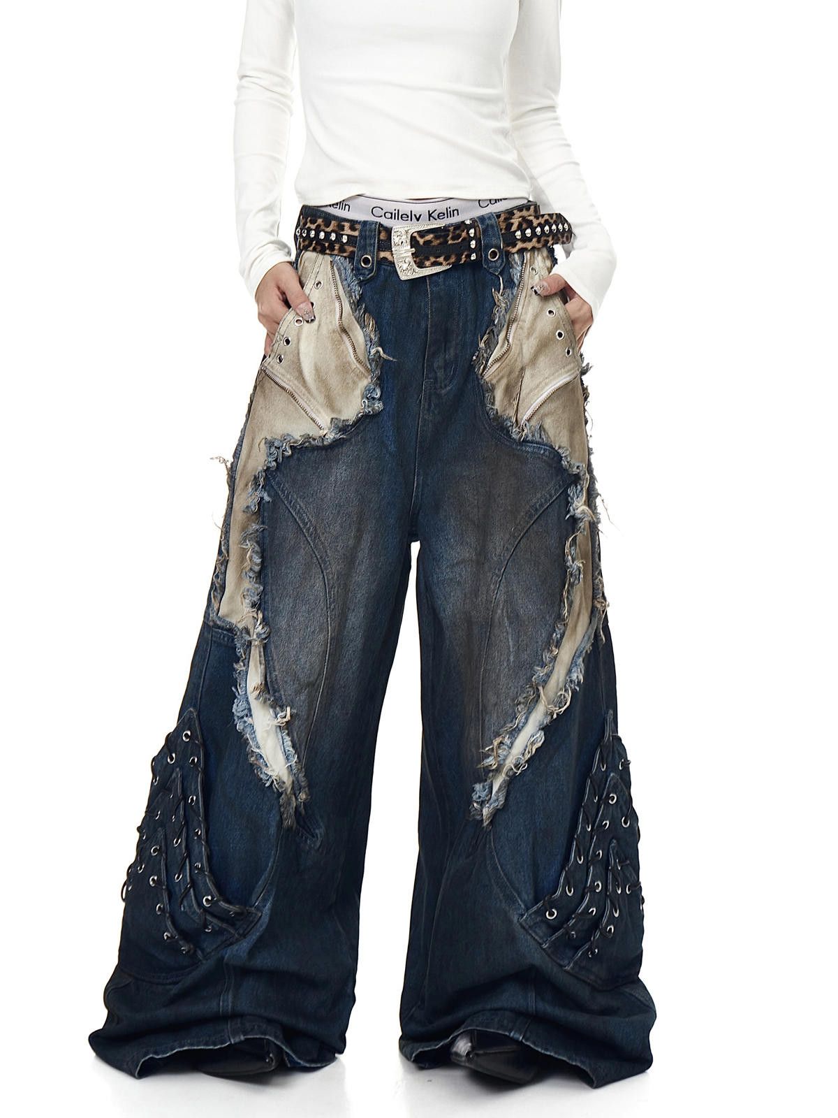 Jean Patchwork Distressed Wide Leg Denim Jeans, Baggy Fit Size US 32 / EU 48 - 1 Thumbnail