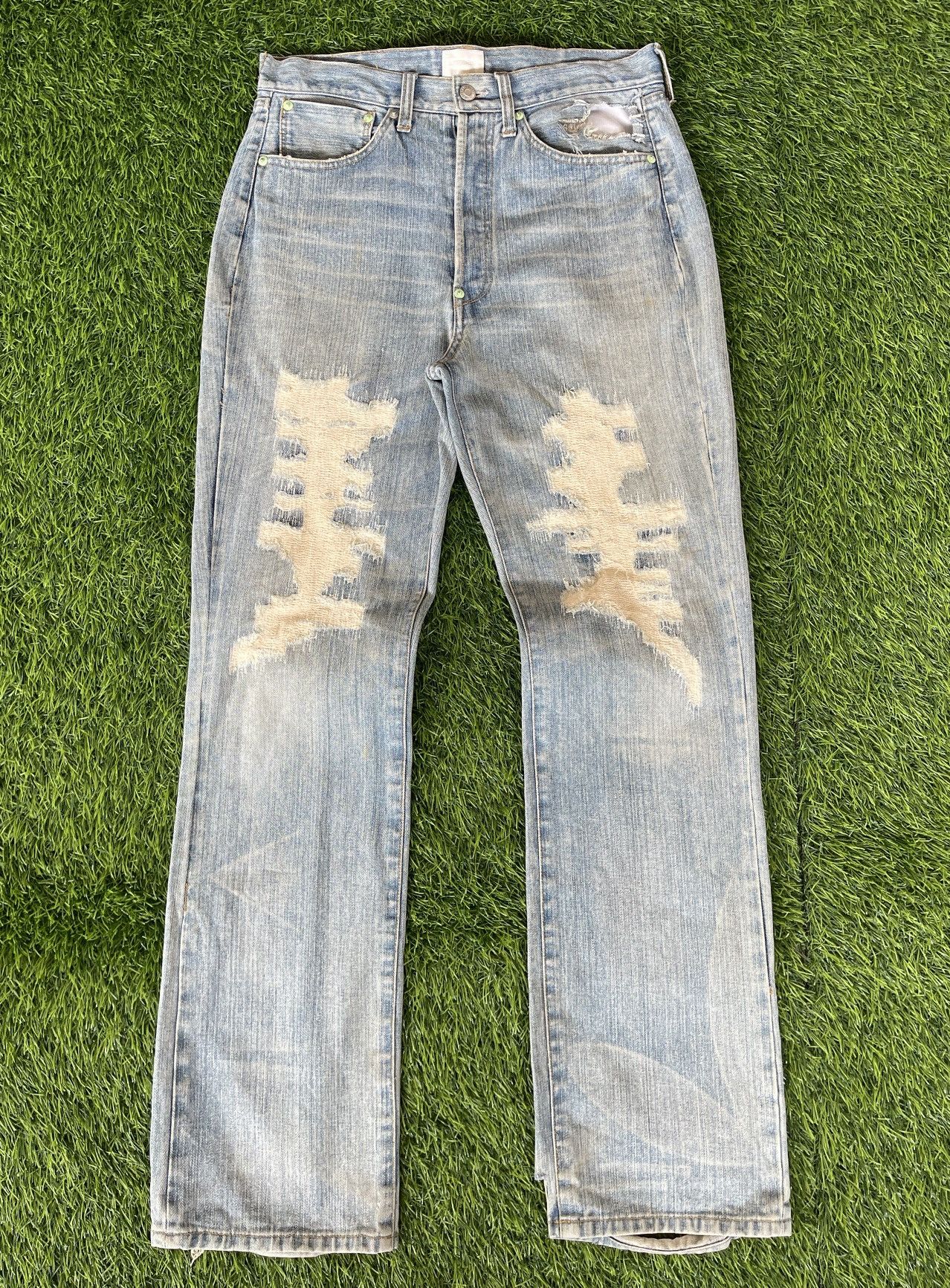 Helmut Lang RARE‼️Vintage TRASHED🔥EXHIBITIONIST🔥Light Blue Wash Denim Size US 32 / EU 48 - 6 Thumbnail