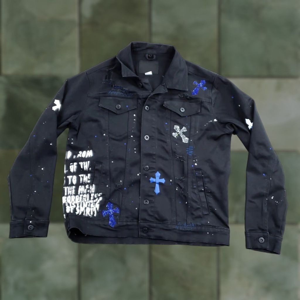 Vintage SmokeRise Jacket Mens Large Black Cross Rhinestone Distressed Paint Splatter Denim Bomber Jacket Size US L / EU 52-54 / 3 - 1 Thumbnail