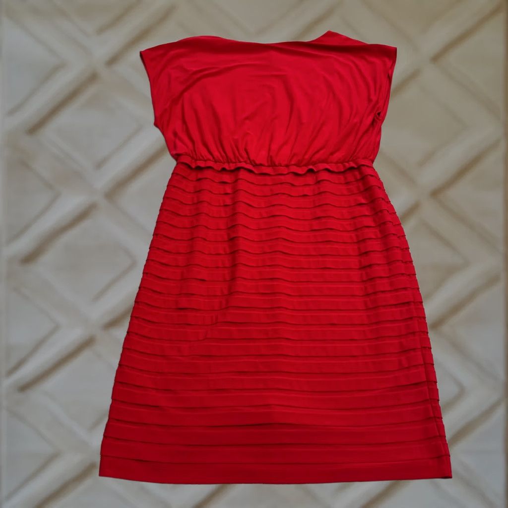 Adrianna Papell Adrianna Papell Shutter Pleated Tiered Sheath Dress Womens 14 Red Knee Length Sleeveless Round Neck Zip Vintage No Size XL / US 12-14 / IT 48-50 - 1 Thumbnail