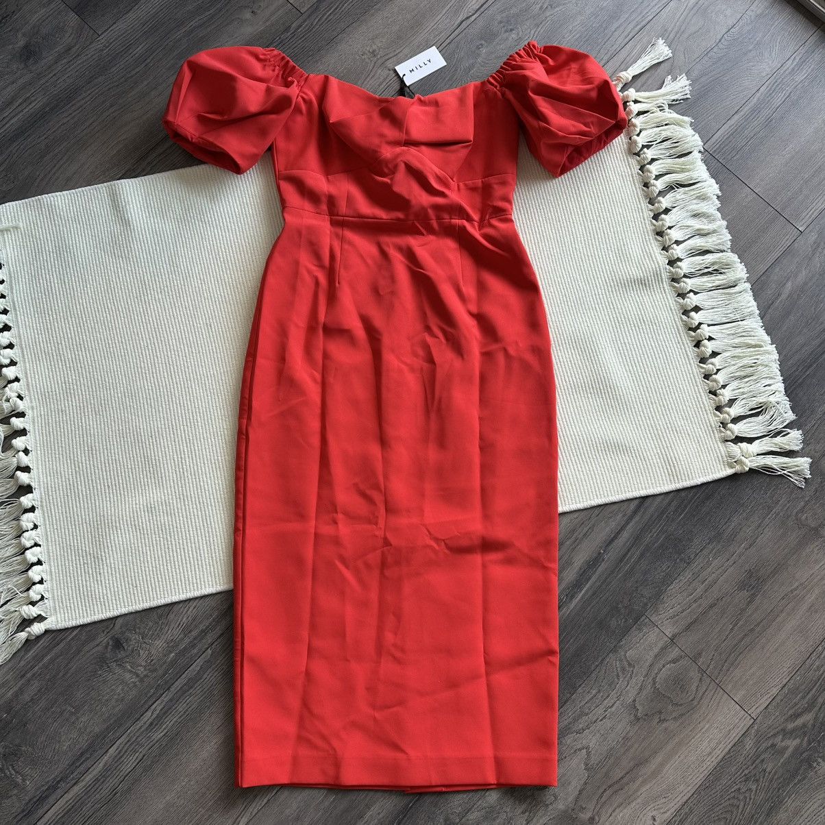 MILLY Milly Bria Off-the-Shoulder Midi Coral Dress Size XS / US 0-2 / IT 36-38 - 1 Thumbnail