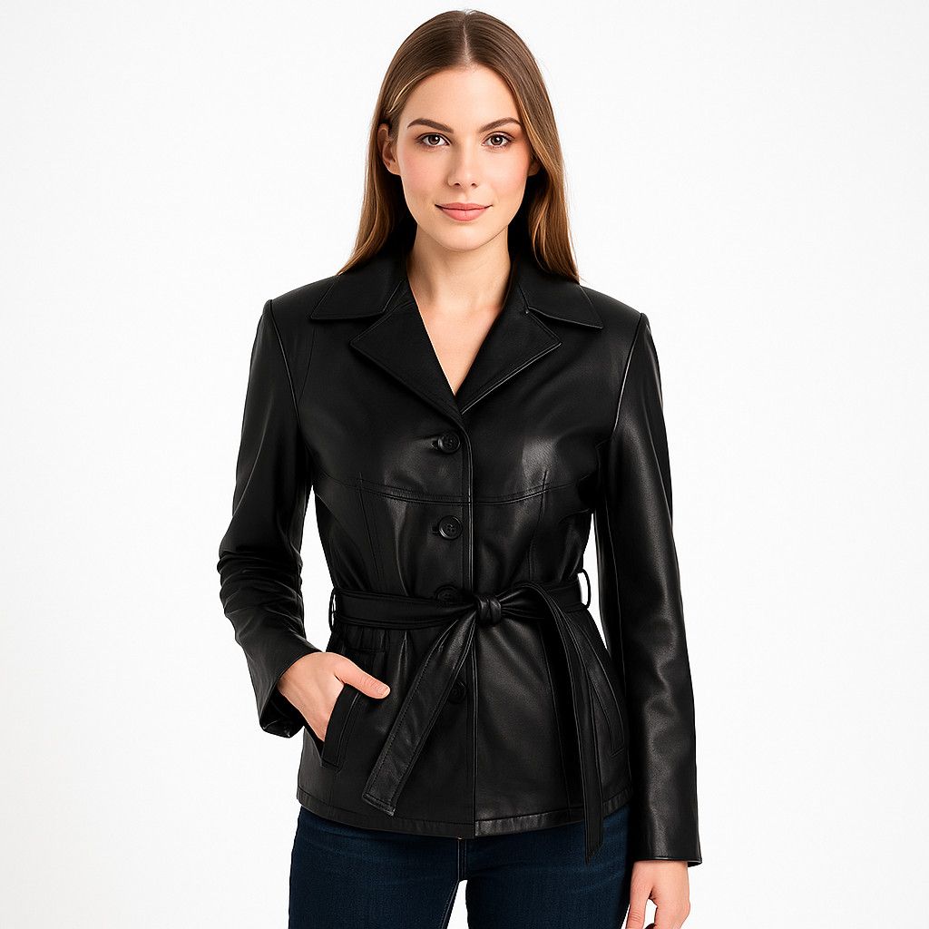 Wilsons Leather Maxima Button-Up Tie-Waist Leather Jacket Biker Retro Y2K Size XS / US 0-2 / IT 36-38 - 1 Thumbnail