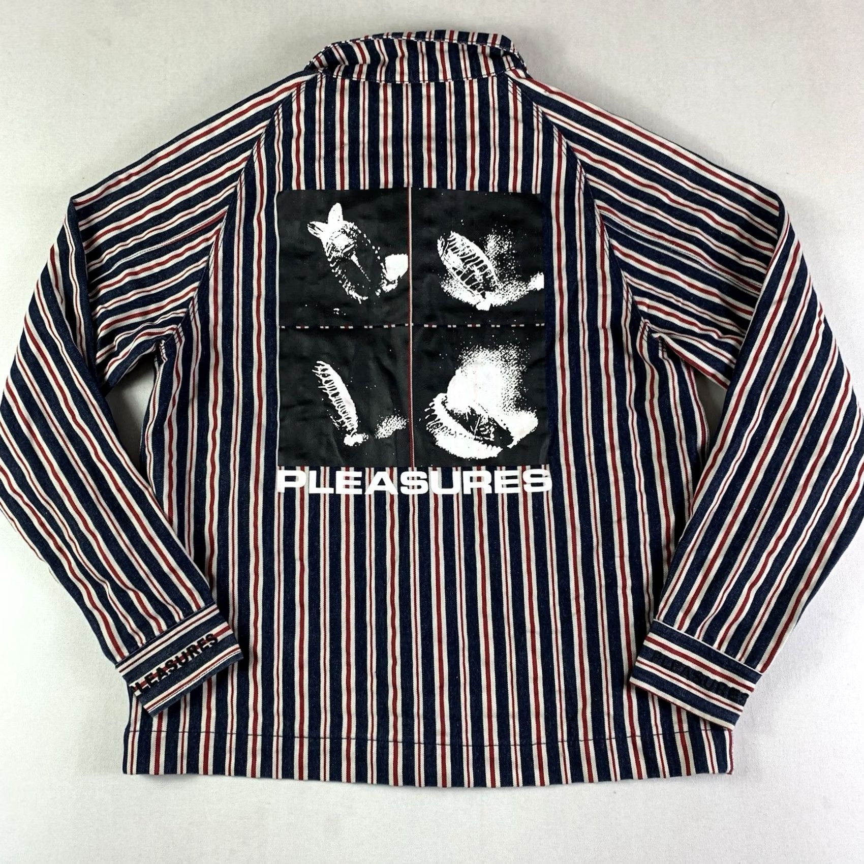 Pleasures Pleasures Now Striped Denim trucker Jacket Adult Large Blue red button up Size US L / EU 52-54 / 3 - 3 Thumbnail