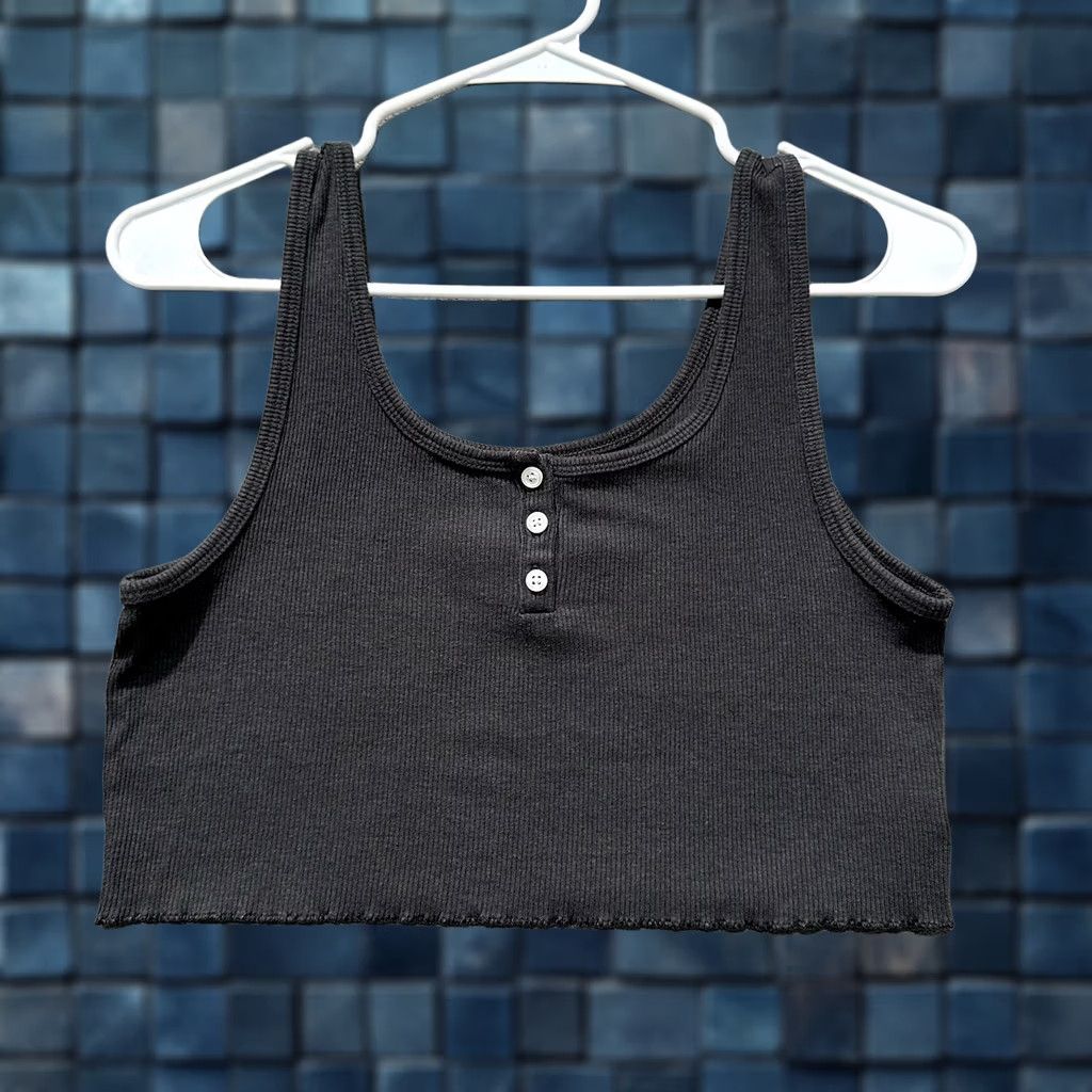 American Eagle Outfitters American Eagle Tank Top Womens M Gray Cropped Henley Cami Lettuce Edge Size M / US 6-8 / IT 42-44 - 1 Thumbnail