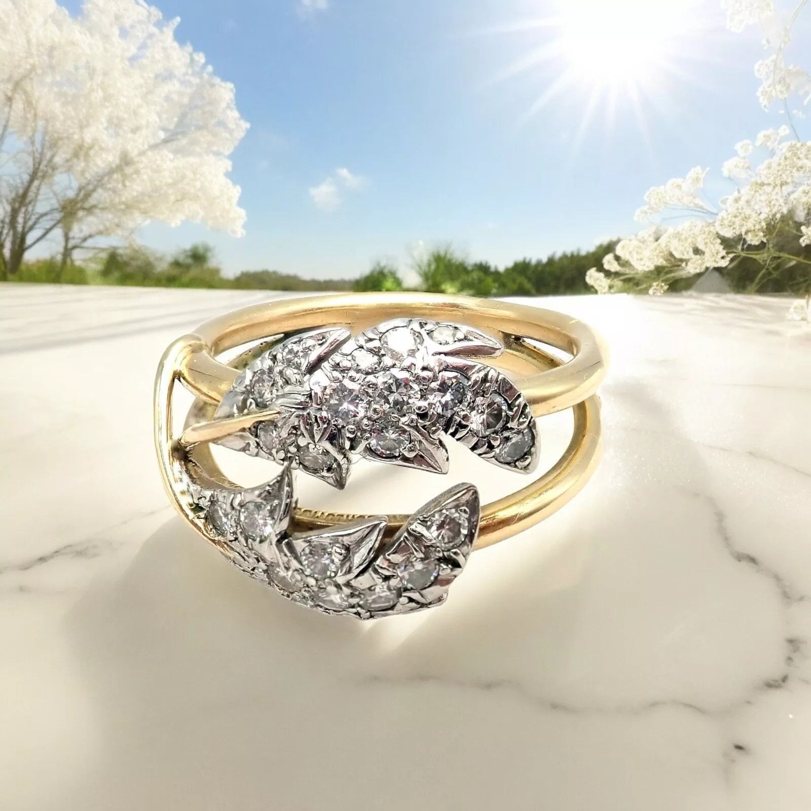 Tiffany & Co. Tiffany & Co. Diamond Yellow Gold Platinum Two Leaf Ring Size ONE SIZE - 1 Thumbnail