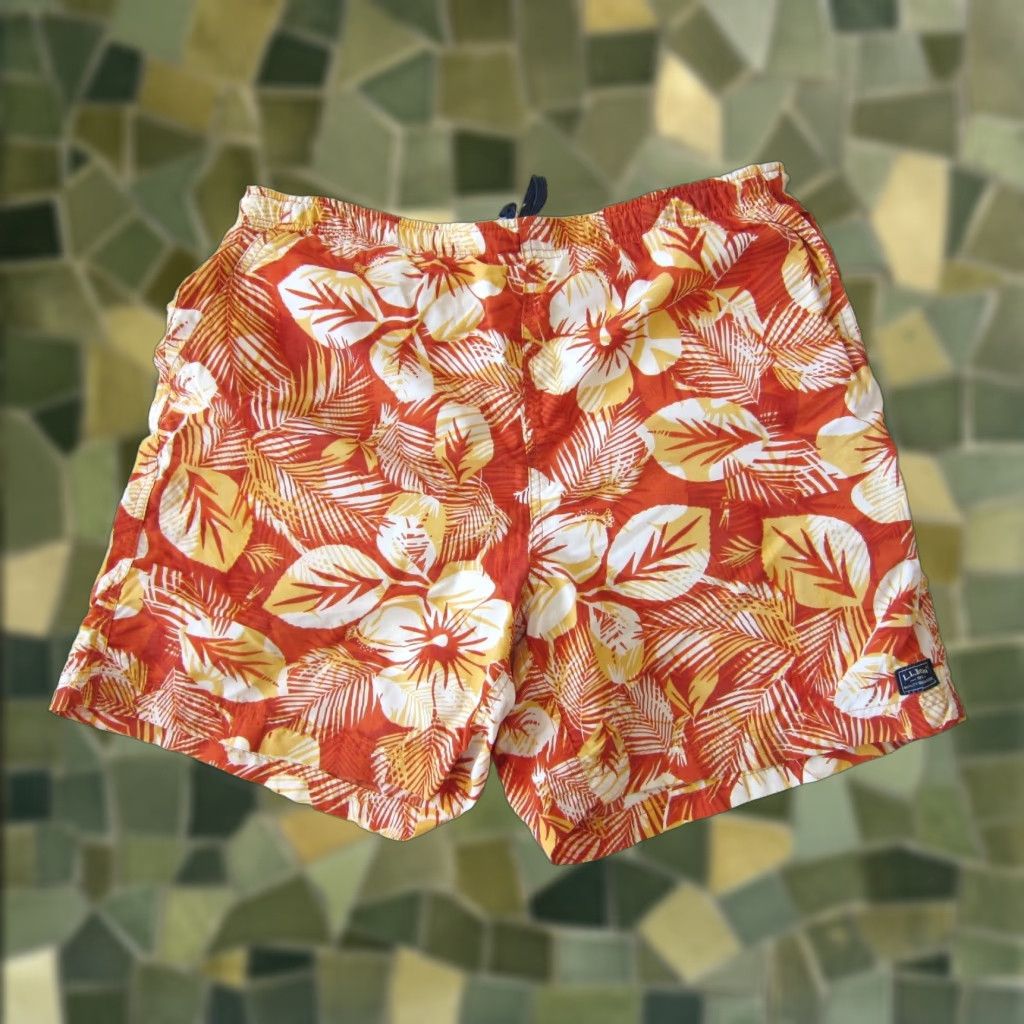 Vintage L.L. Bean Orange Yellow Hawaiian Floral Beach Surf Swim Trunk Board Short Medium Size US 31 - 1 Thumbnail