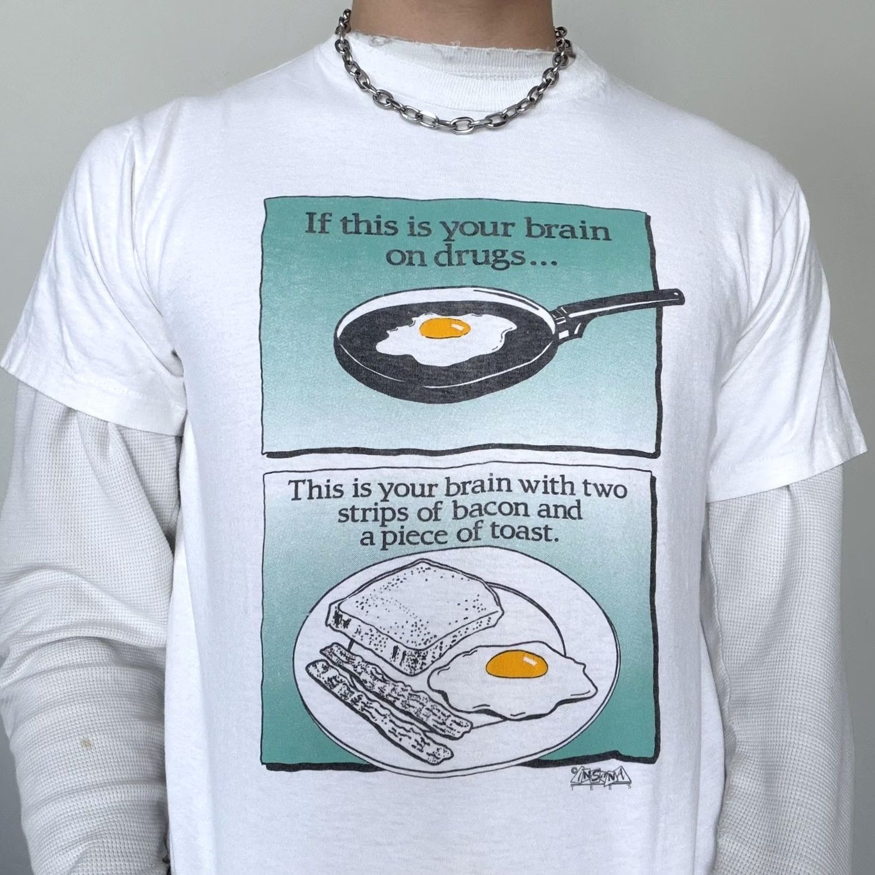 Vintage VINTAGE Argo Sport Mens Medium White Brain On Drugs Eggs Graphic Tee Shirt Size US M / EU 48-50 / 2 - 2 Thumbnail