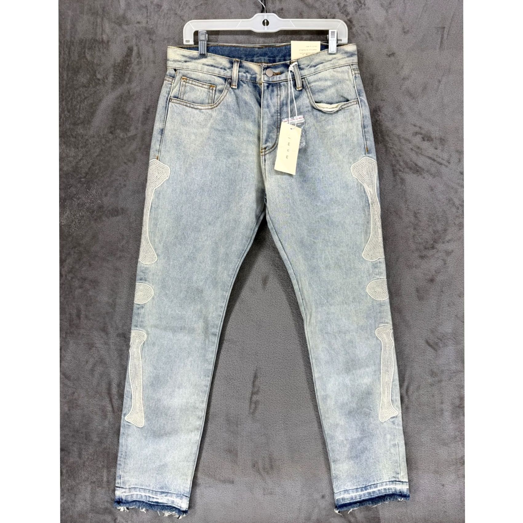MNML MNML D199 Skeleton Denim Jeans Mens 32 Light Wash Blue White Bone Applique New Size US 32 / EU 48 - 2 Thumbnail