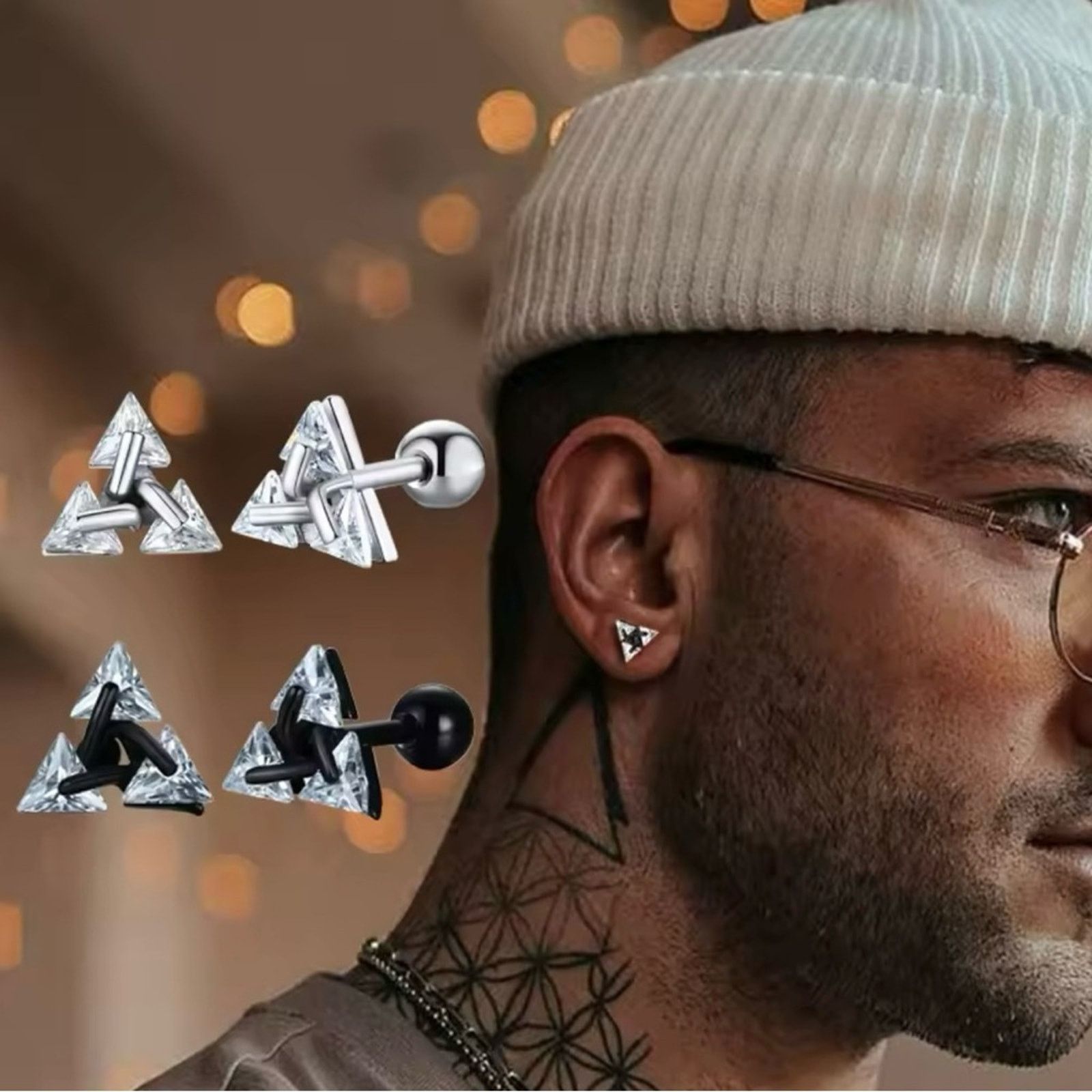 Other Men Stud Earring ,Triangle Pierced Crystal Zircon Stud Size ONE SIZE - 1 Thumbnail