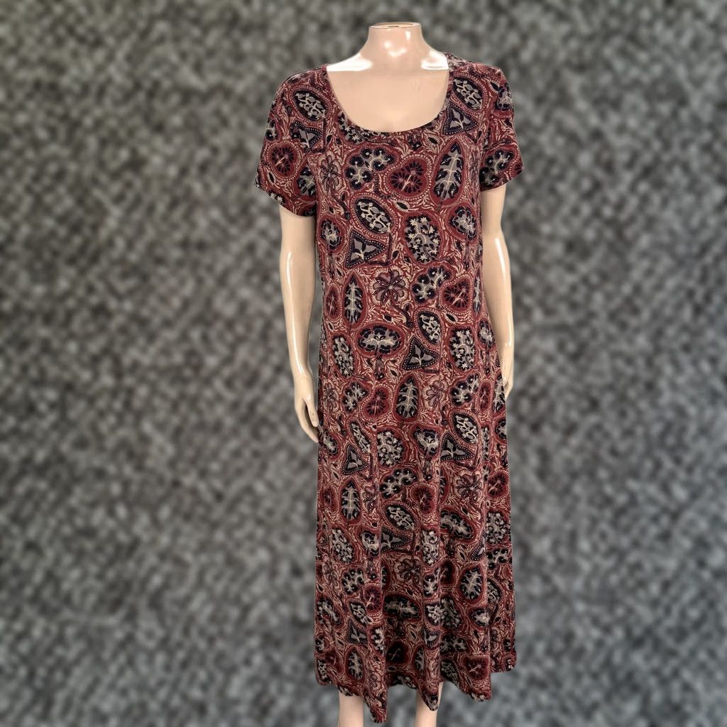 Vintage Peruvian Connection Dress Women L Pima Cotton Floral S/S Stretch Round Neck Midi Size L / US 10 / IT 46 - 1 Thumbnail