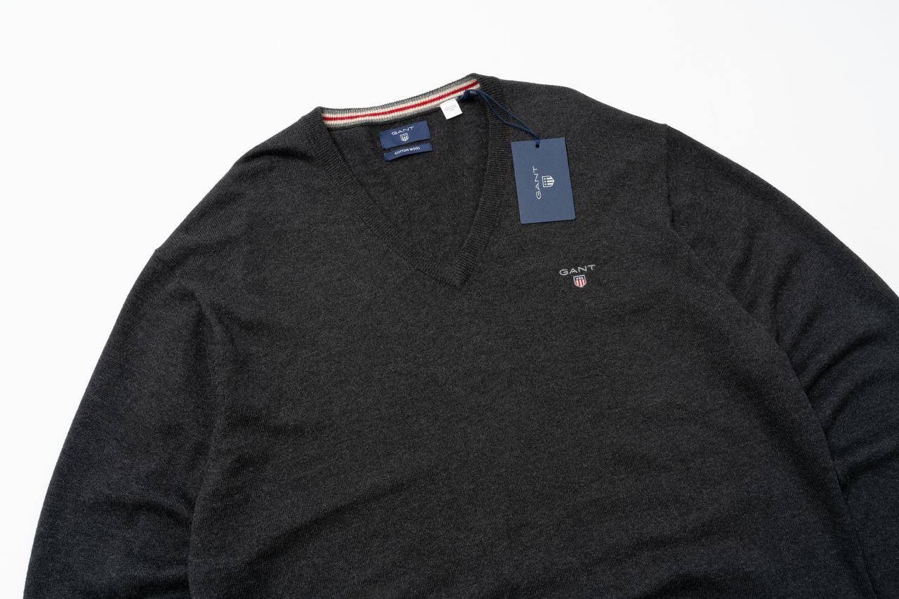 Gant 🔵GANT Wool Cotton blend V-Neck Sweater Jumper Gray Melange Size US XL / EU 56 / 4 - 6 Thumbnail