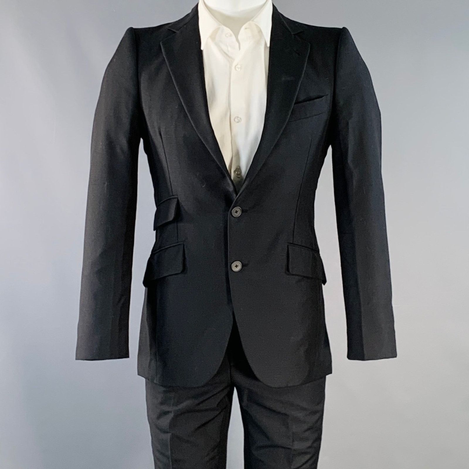 BOTTEGA VENETA 34 Black Wool Mohair Notch Lapel Suit