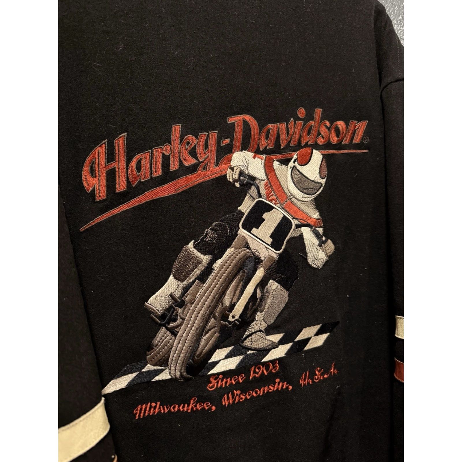 Harley Davidson VINTAGE Harley-Davidson Jacket Wool Snap Varsity XL Black 90s Racing Men Size US XL / EU 56 / 4 - 3 Thumbnail