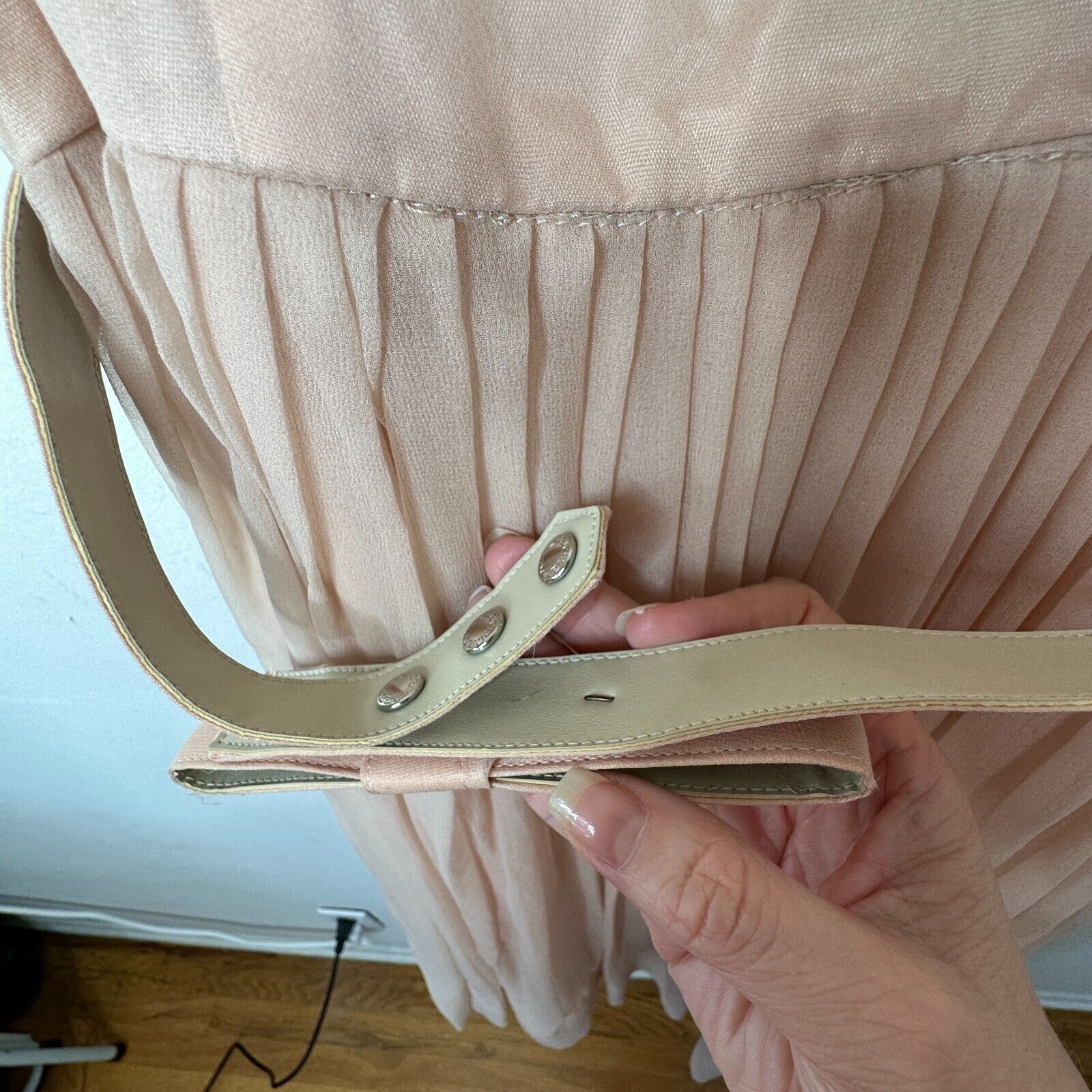 Vintage Vintage Sz 15 Peach Chiffon Pleated Belted Dress Drape Neck Size L / US 10 / IT 46 - 9 Thumbnail
