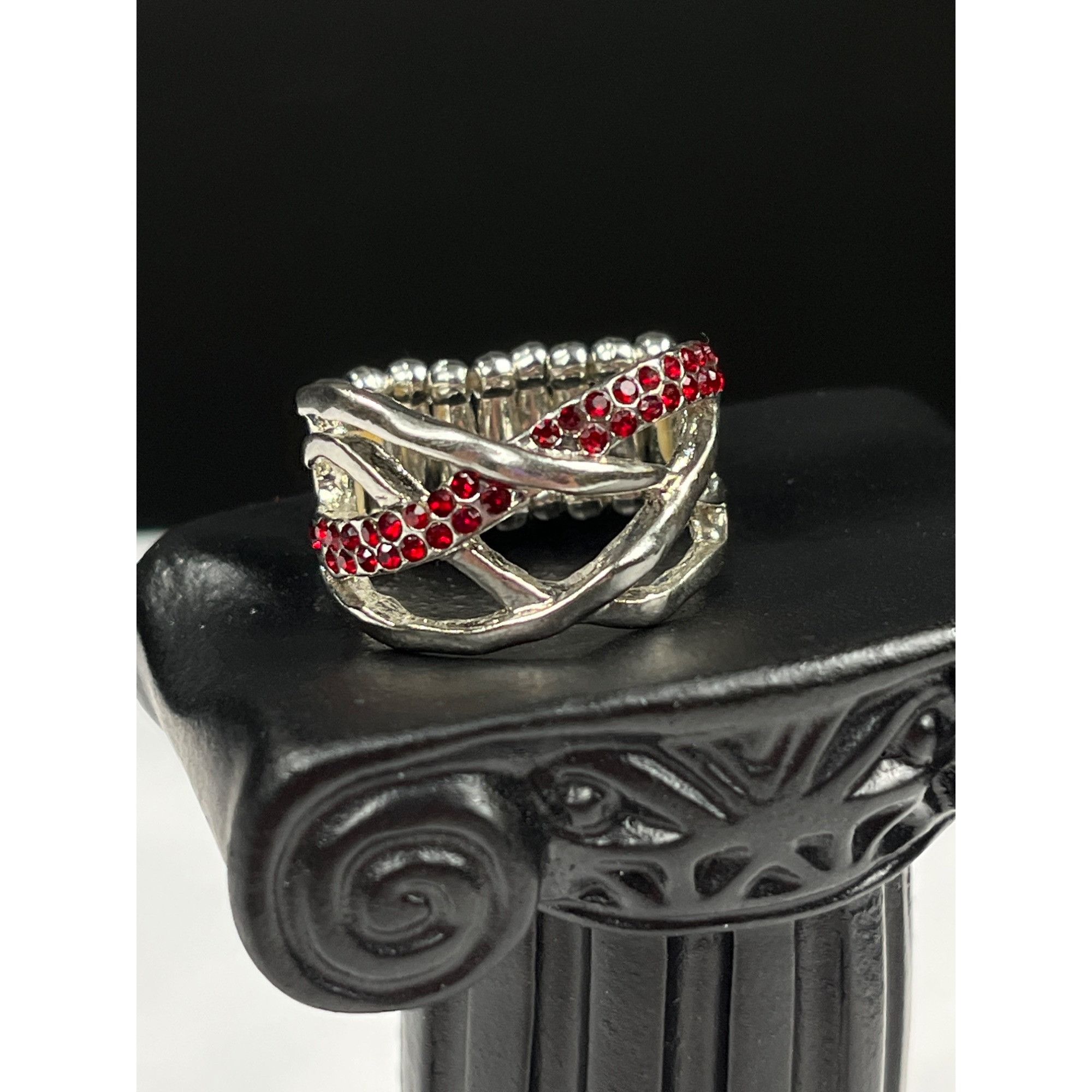 Vintage Silver Tone Stretchable Ring SKU 007 With Red Rhinestone Acc Size ONE SIZE - 2 Thumbnail