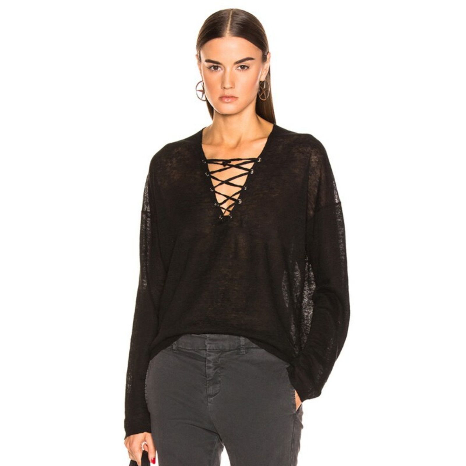 image of Nili Lotan Arabella Linen Lace Up Neck Sweater Top in Black, Women's (Size XS)