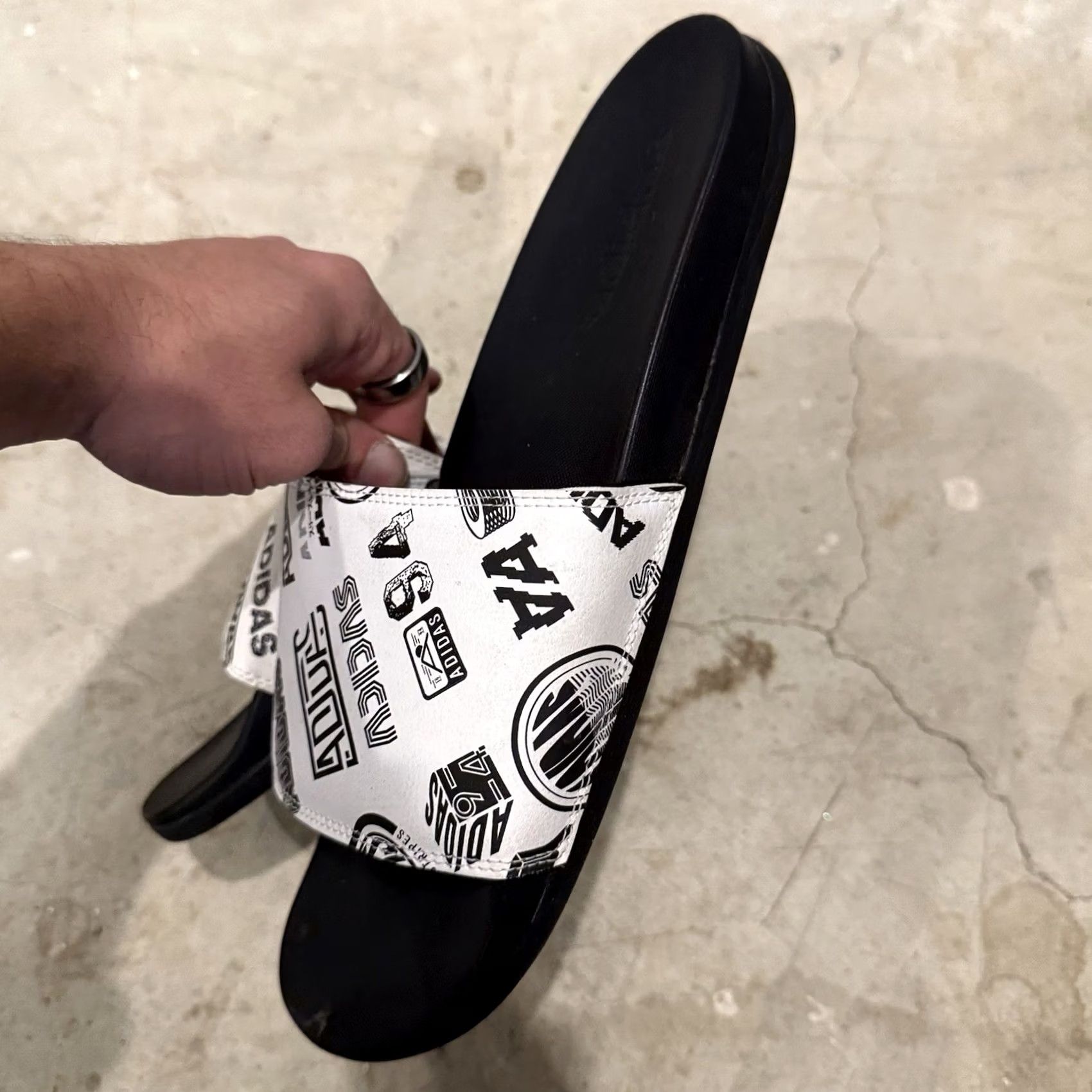 Adidas Adidas FZ1751 Mens Size 11 Black/White Adilette Print Comfort Slide Sandals - Vintage Style Size ONE SIZE - 4 Thumbnail