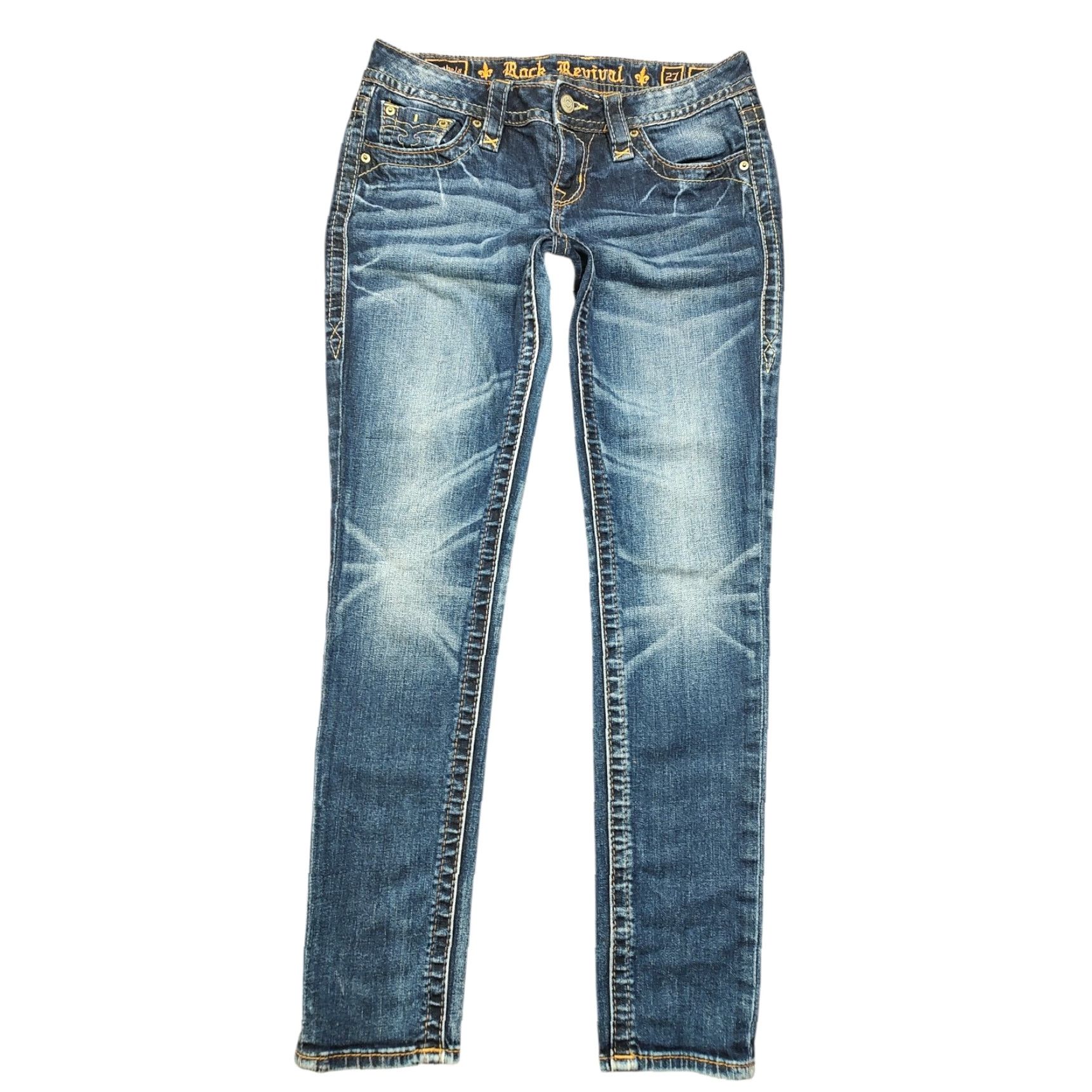 Rock Revival Jeans Womens Skinny 27 Inseam 29 Denim Blue 5-Pocket Zip Low Rise Cowboy Logo 90s
