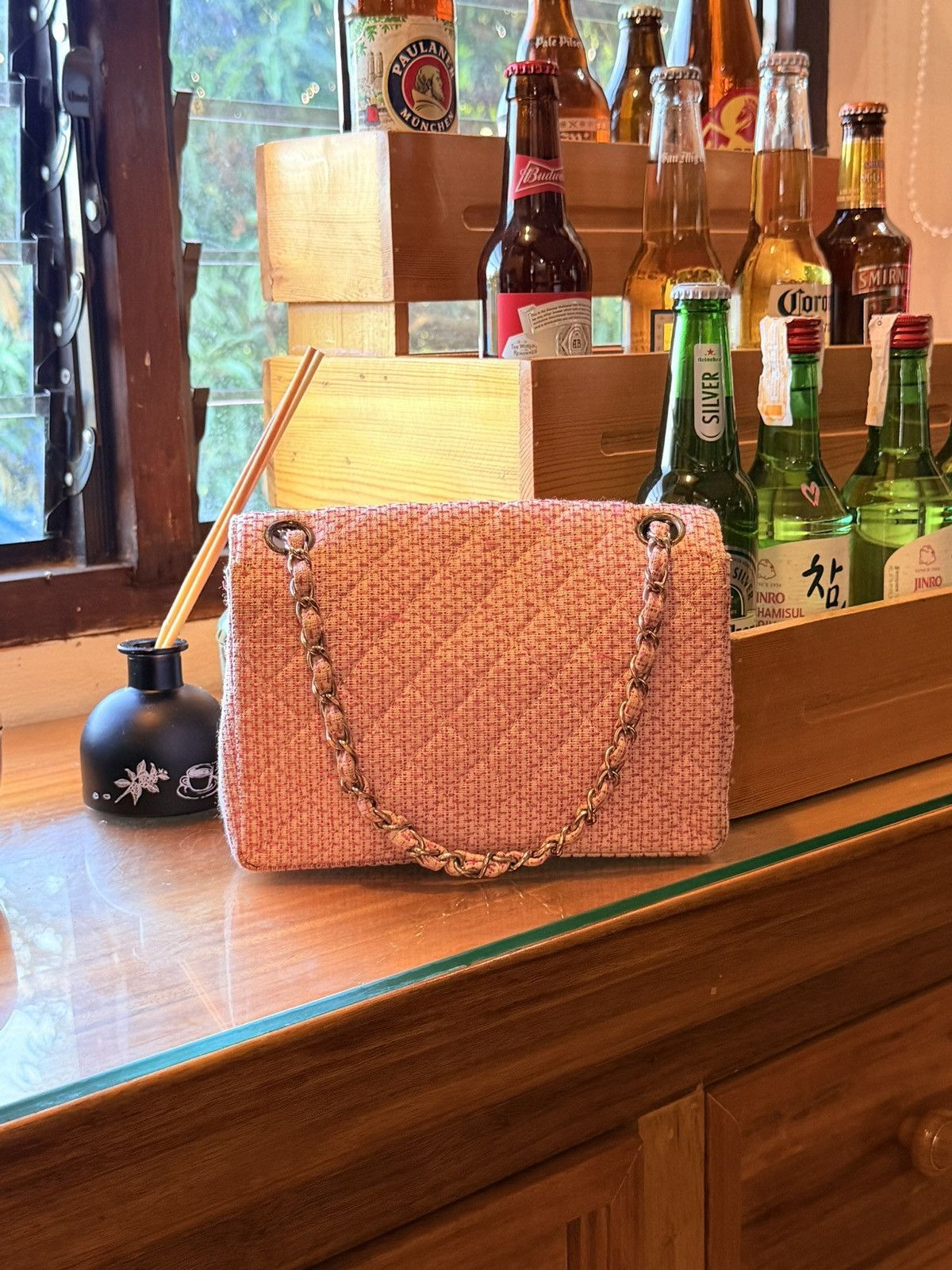 Chanel Chanel Woven Raffia Pink White Small CC Shoulder Flap Bag Size ONE SIZE - 3 Thumbnail