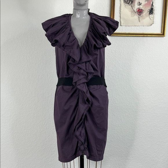 Lanvin VTG 90s Lanvin V Neck Ruffle Belted Zip French Mini Dress Size XS / US 0-2 / IT 36-38 - 1 Thumbnail